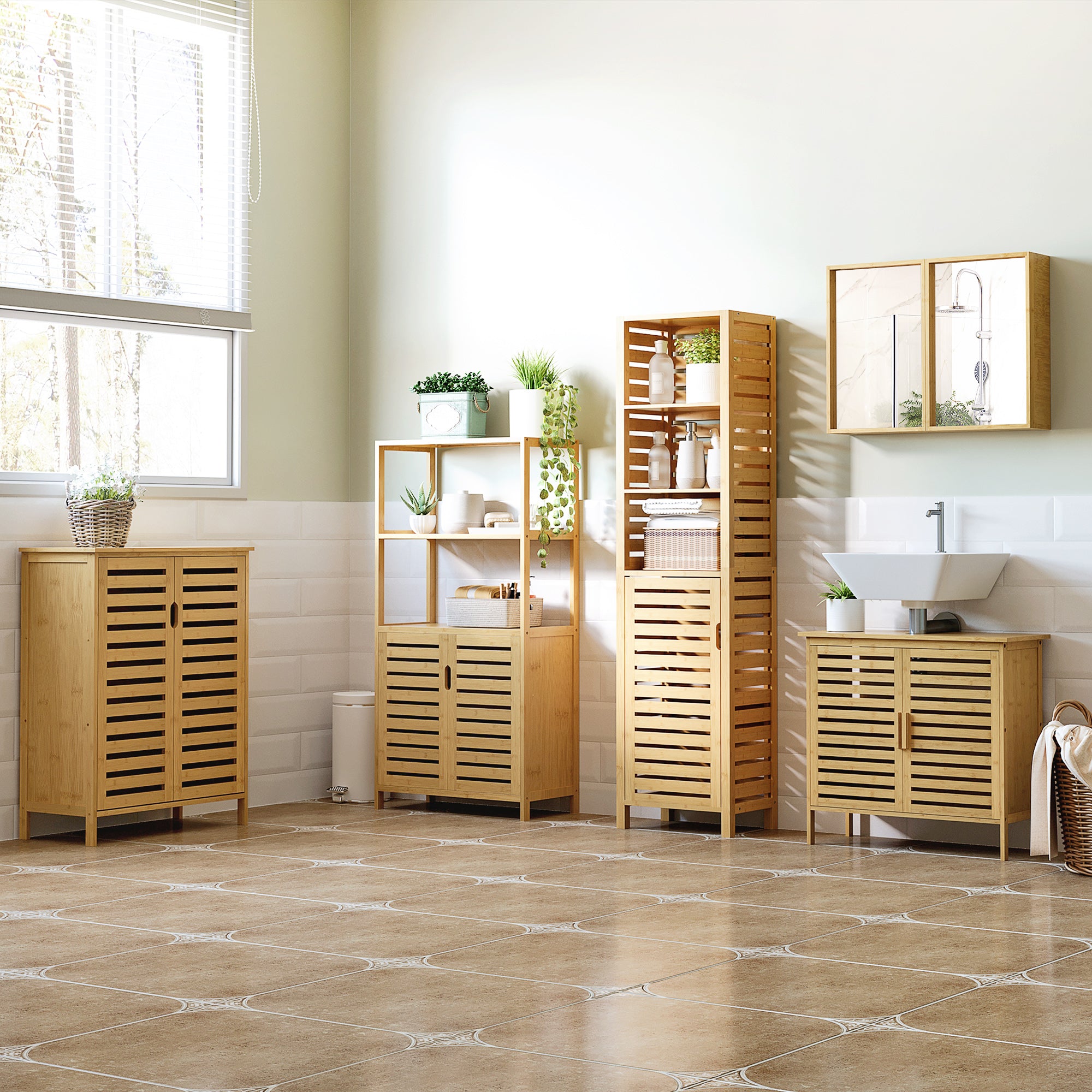 Bathroom Cabinet with 2 Open Shelves and 2-Door Cabinet, Space Saving Bamboo Cabinet 60x30x120cm, Natural