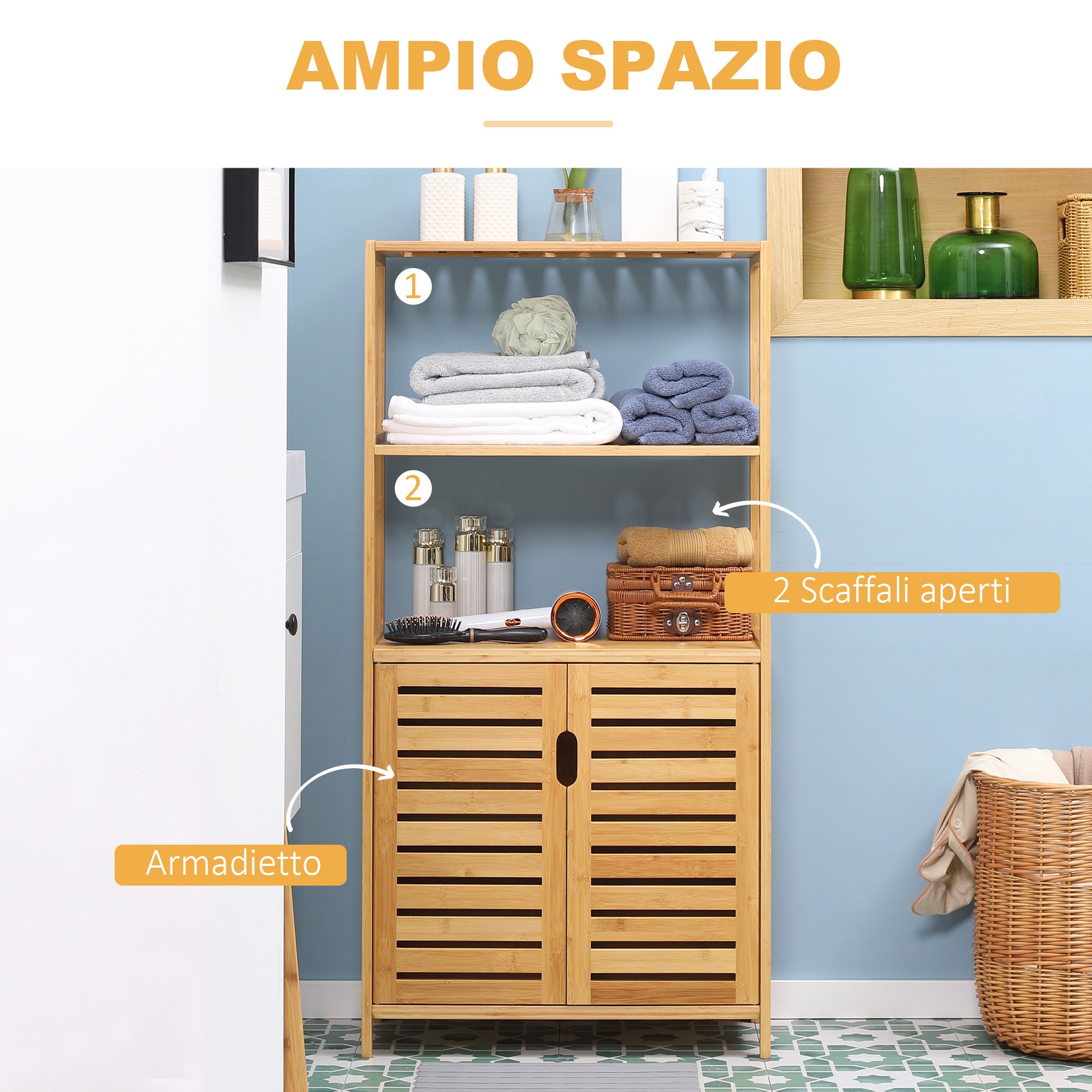 Bathroom Cabinet with 2 Open Shelves and 2-Door Cabinet, Space Saving Bamboo Cabinet 60x30x120cm, Natural