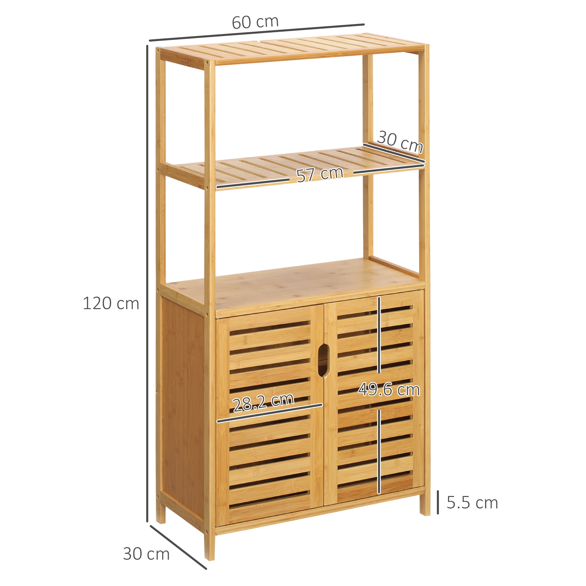 Bathroom Cabinet with 2 Open Shelves and 2-Door Cabinet, Space Saving Bamboo Cabinet 60x30x120cm, Natural