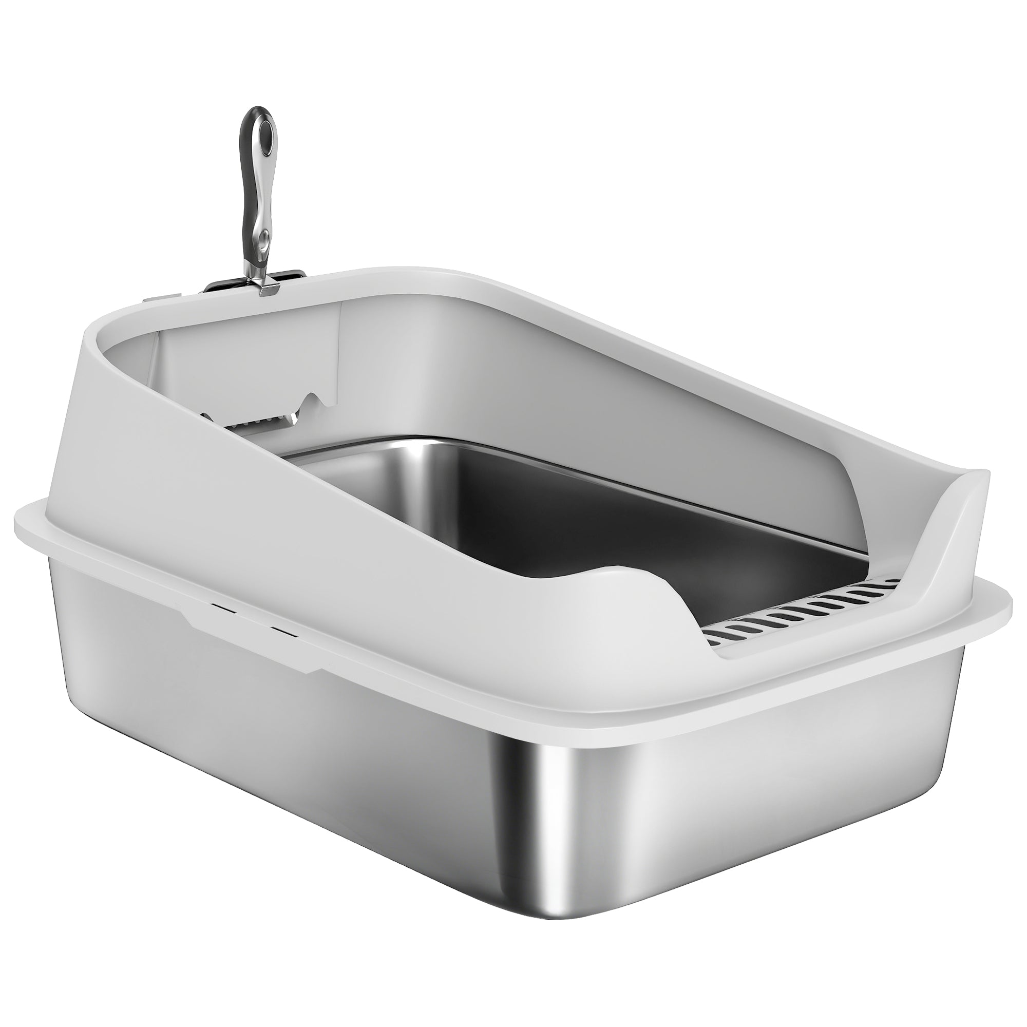 Stainless Steel Open Cat Litter Box – High-Rim XXL with Scoop for Large Cats up to 15.4 lb | 23.7 x 15.8 x 11.7 in (Gray)