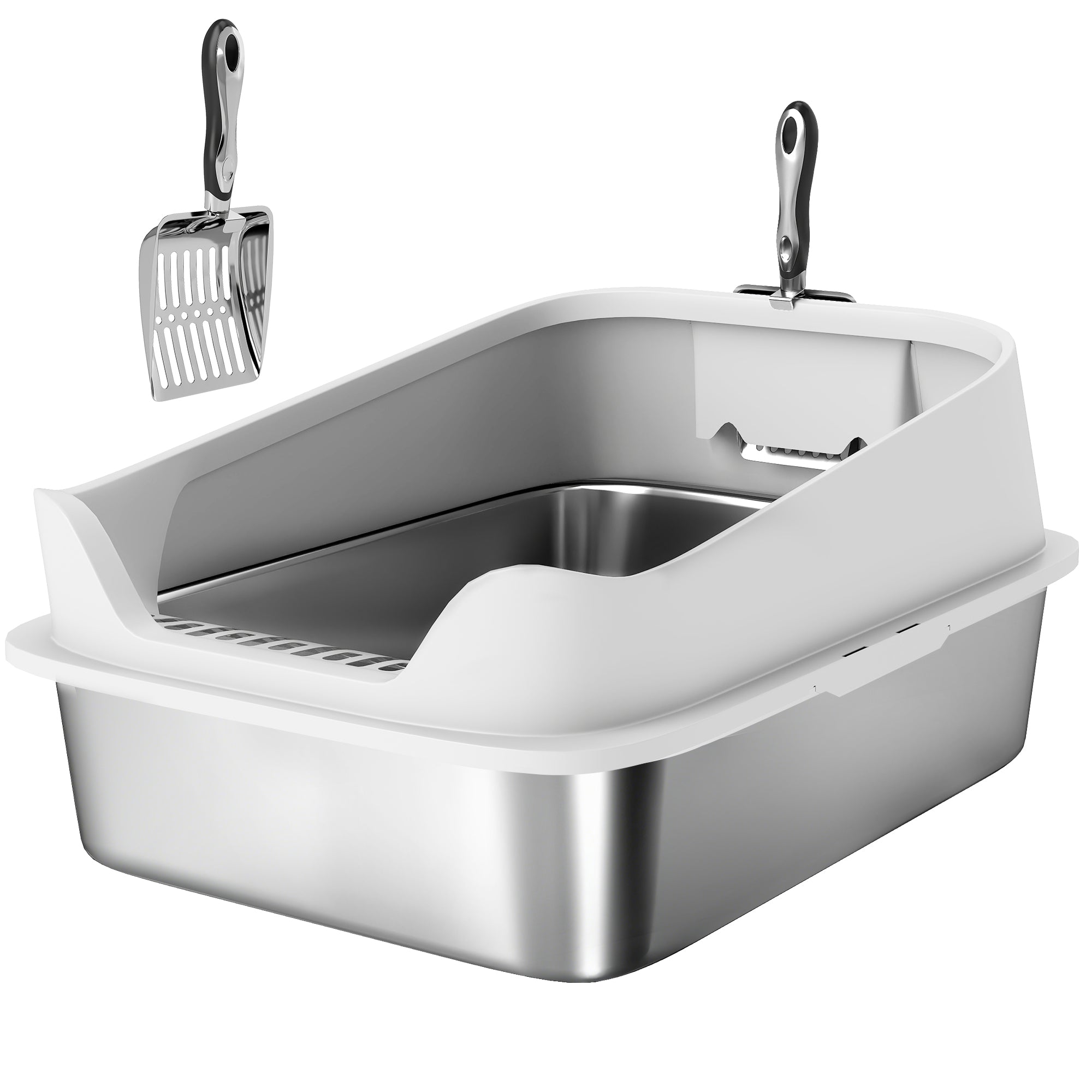 Stainless Steel Open Cat Litter Box – High-Rim XXL with Scoop for Large Cats up to 15.4 lb | 23.7 x 15.8 x 11.7 in (Gray)