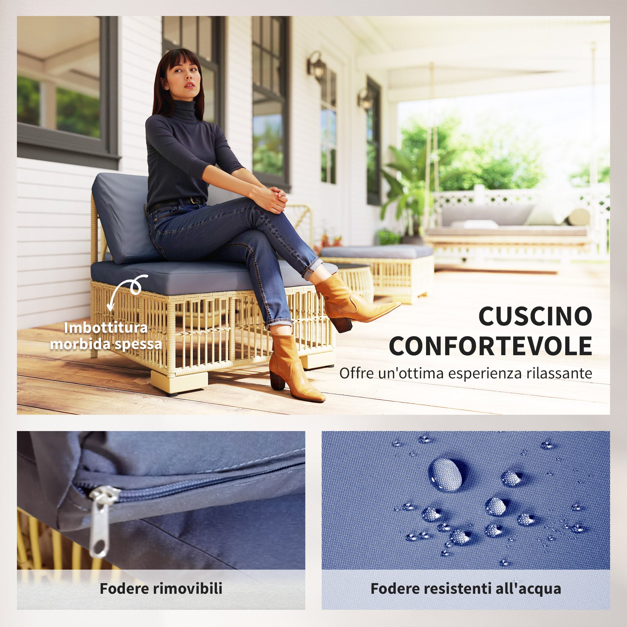 5-Piece Rattan Outdoor Lounge Set, Modular Garden Sofa with Cushions and Glass Coffee Table, Gray