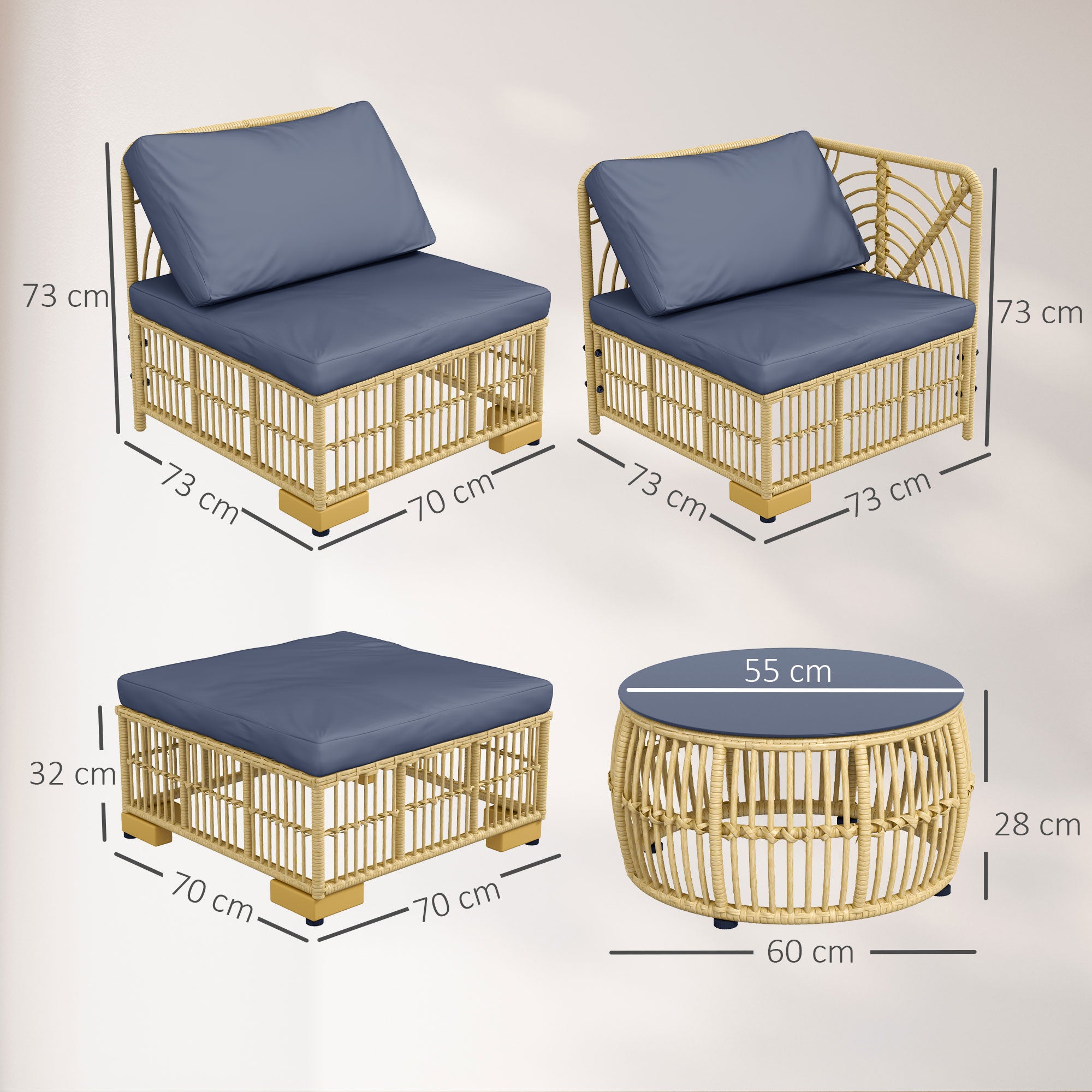 5-Piece Rattan Outdoor Lounge Set, Modular Garden Sofa with Cushions and Glass Coffee Table, Gray