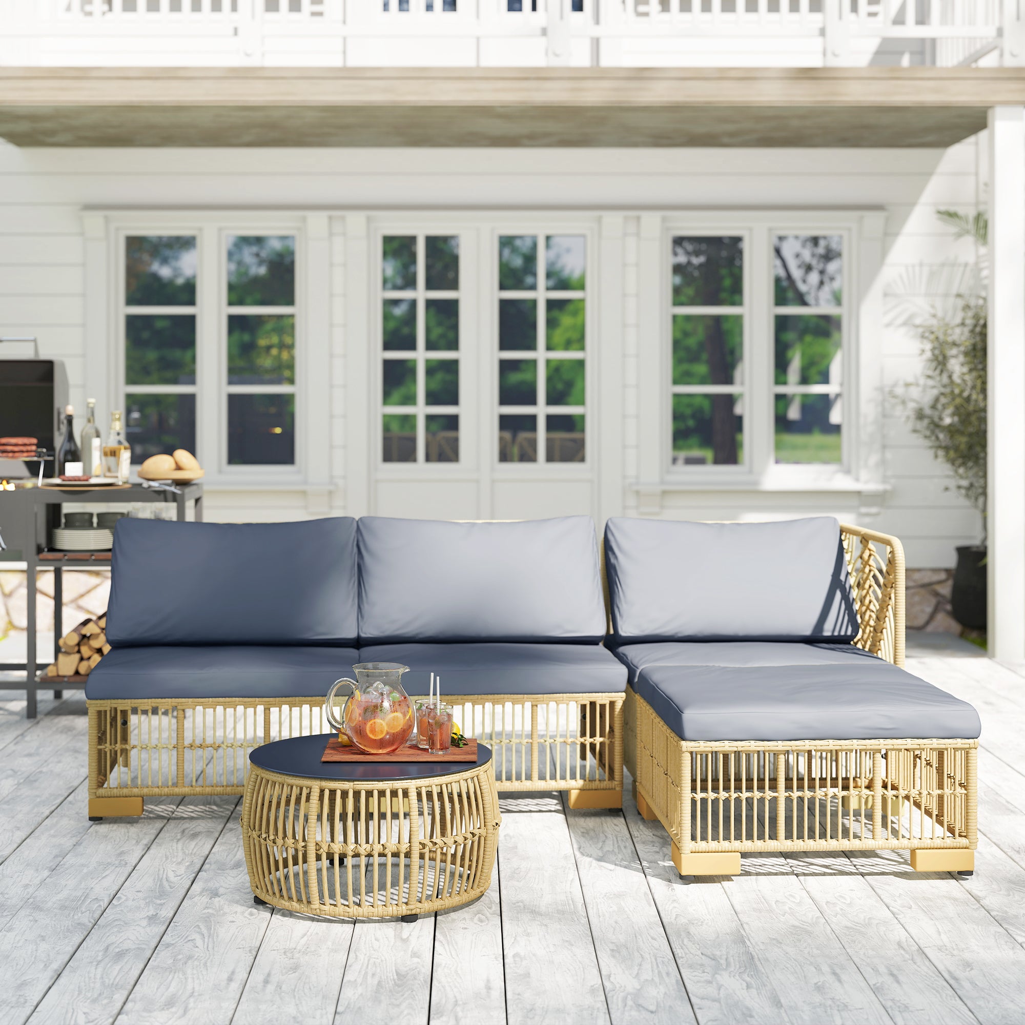 5-Piece Rattan Outdoor Lounge Set, Modular Garden Sofa with Cushions and Glass Coffee Table, Gray