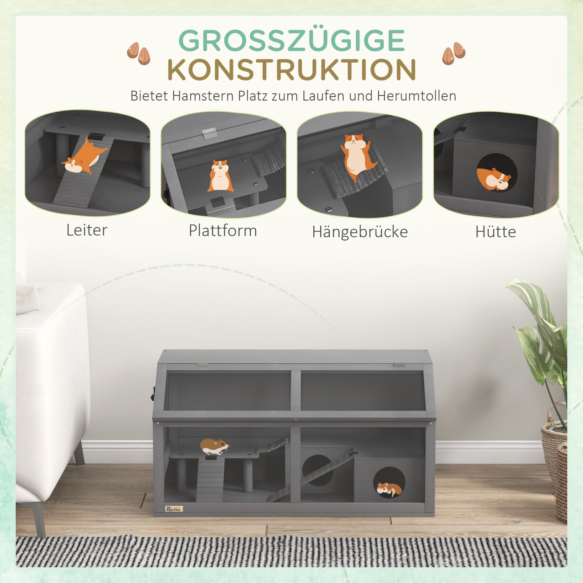 Wooden Dwarf Hamster Cage, 85 x 45 x 44 cm — Small Animal Cage with Top Door, Hanging Bridge, Ladders, House & Feeding Station — Dark Gray