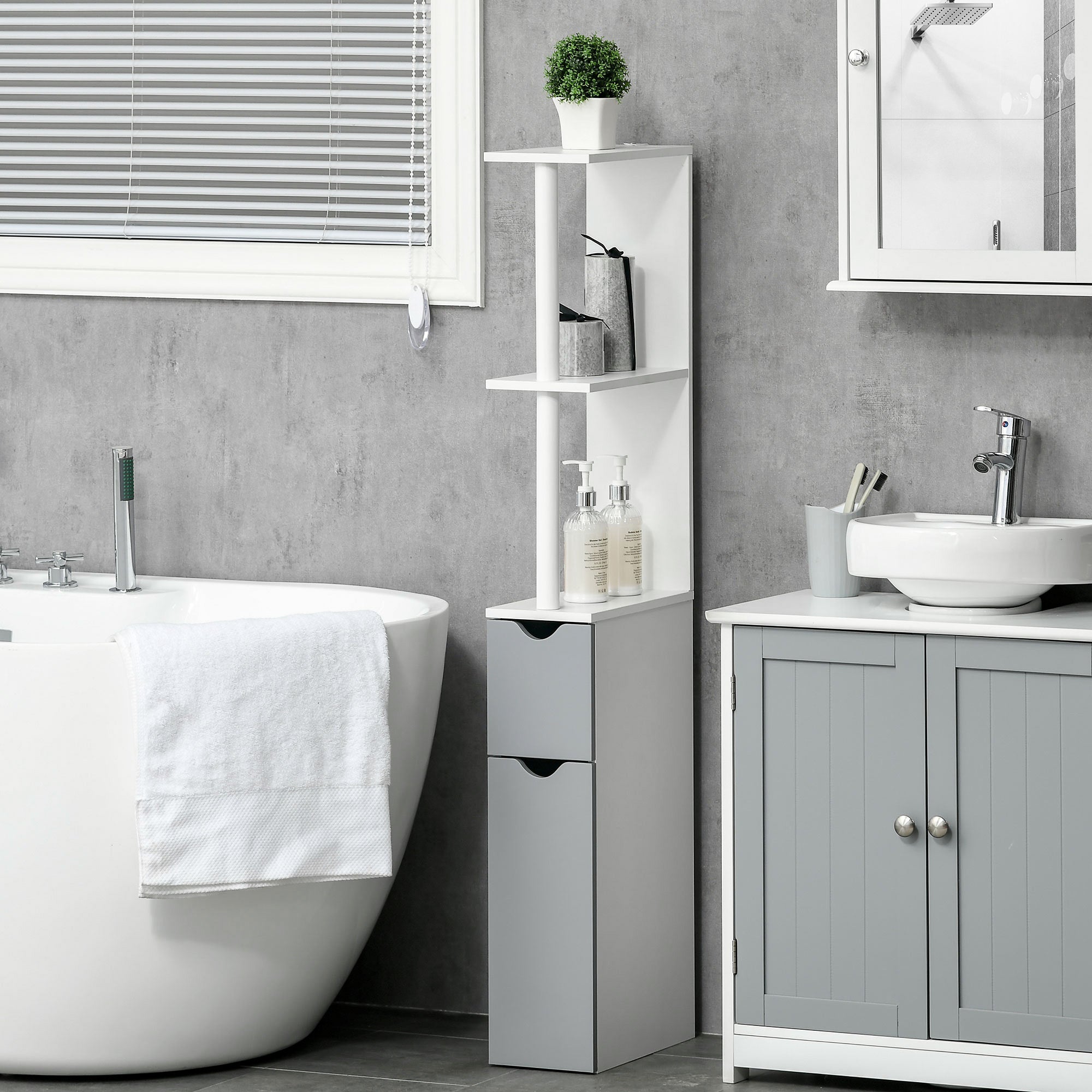 Bathroom Column Bathroom Cabinet with Doors and Open Shelves Modern Style 15.2x29.8x118 cm White and Gray