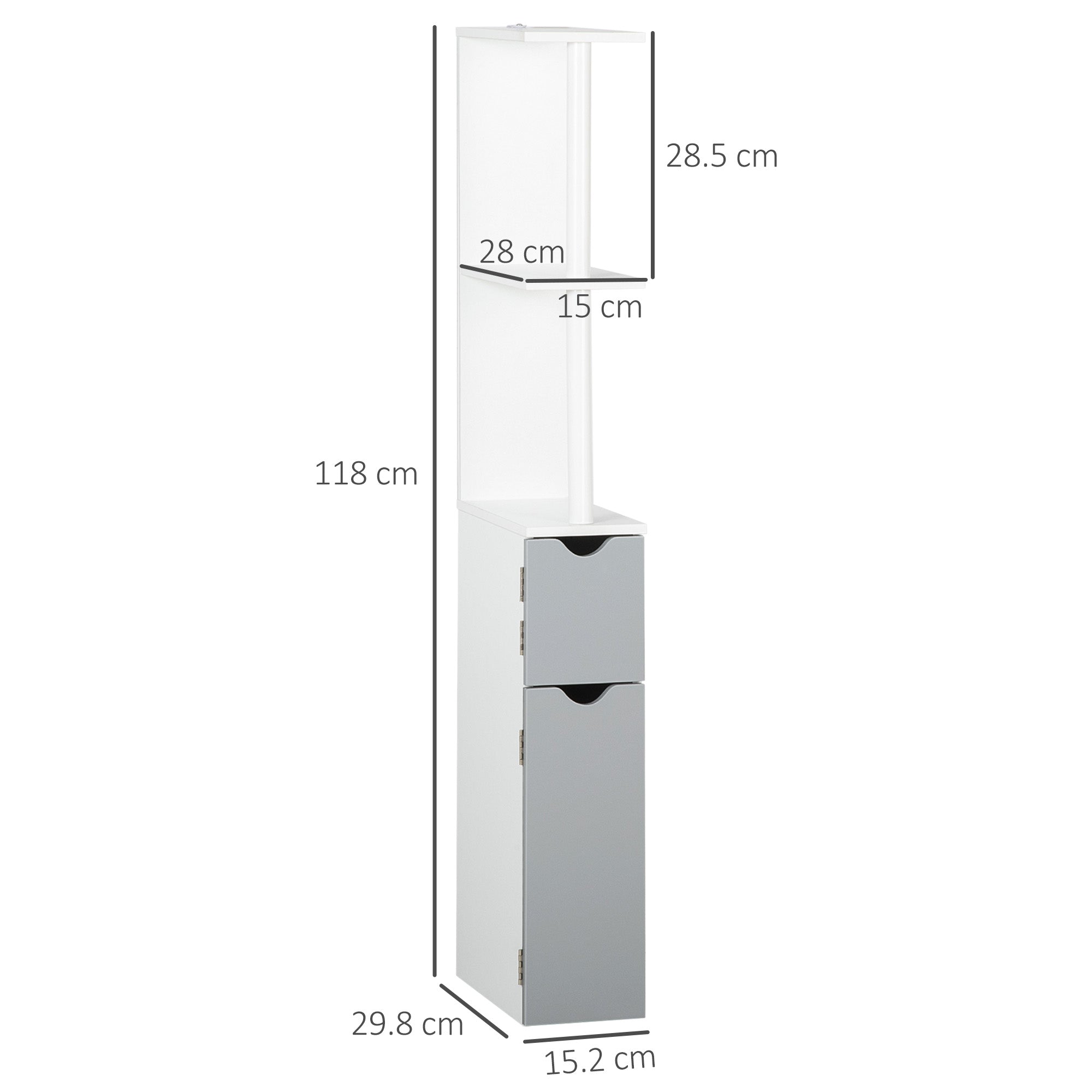 Bathroom Column Bathroom Cabinet with Doors and Open Shelves Modern Style 15.2x29.8x118 cm White and Gray