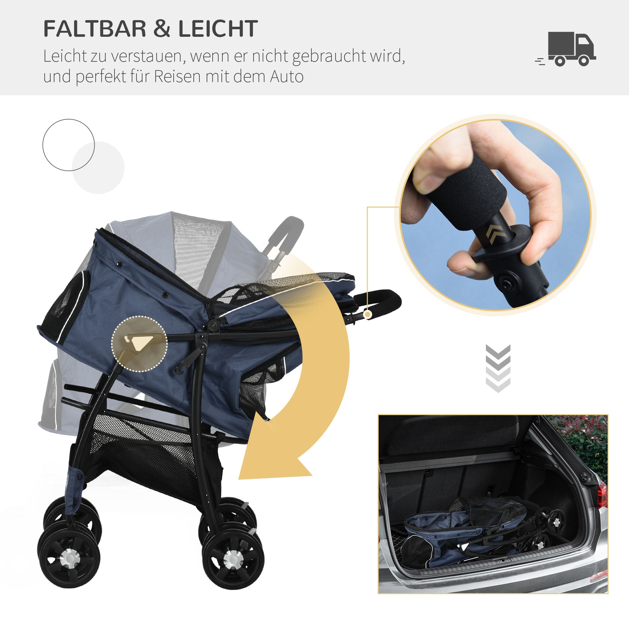 Dog Cart, Foldable Dog Buggy, Dog Trolley with Cushion, Cat Buggy, Cat Wagon with 4 Wheels, Mesh Window, Storage Space for Small Dogs, Cats, 600D Oxford, Navy Blue
