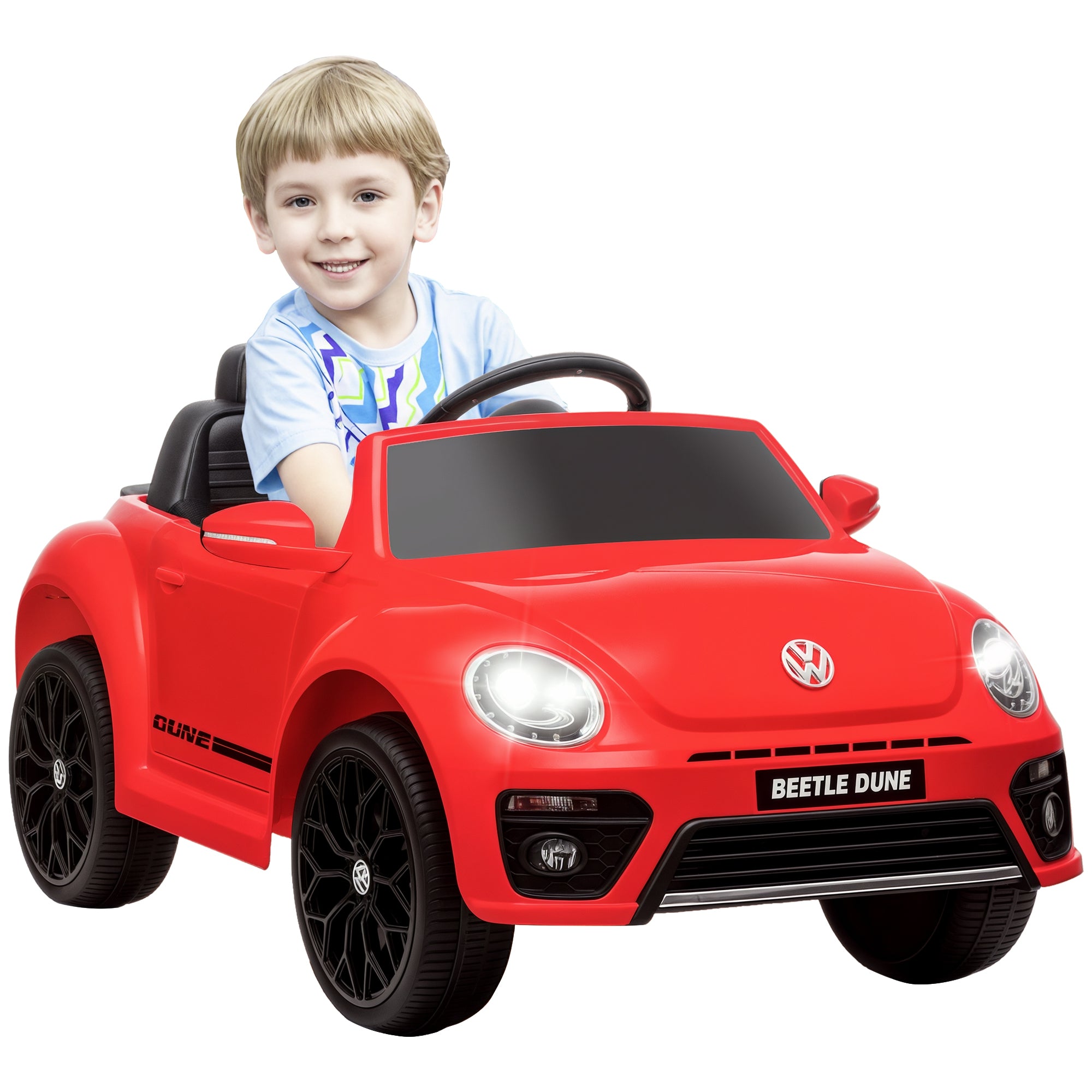 Volkswagen Beetle Licensed Electric Kids Car, 12V Electric Vehicle with 2.4G Remote Control, Spring Suspension, Headlights, Music, Horn, Kids Car for 3-5 Years Old, Red