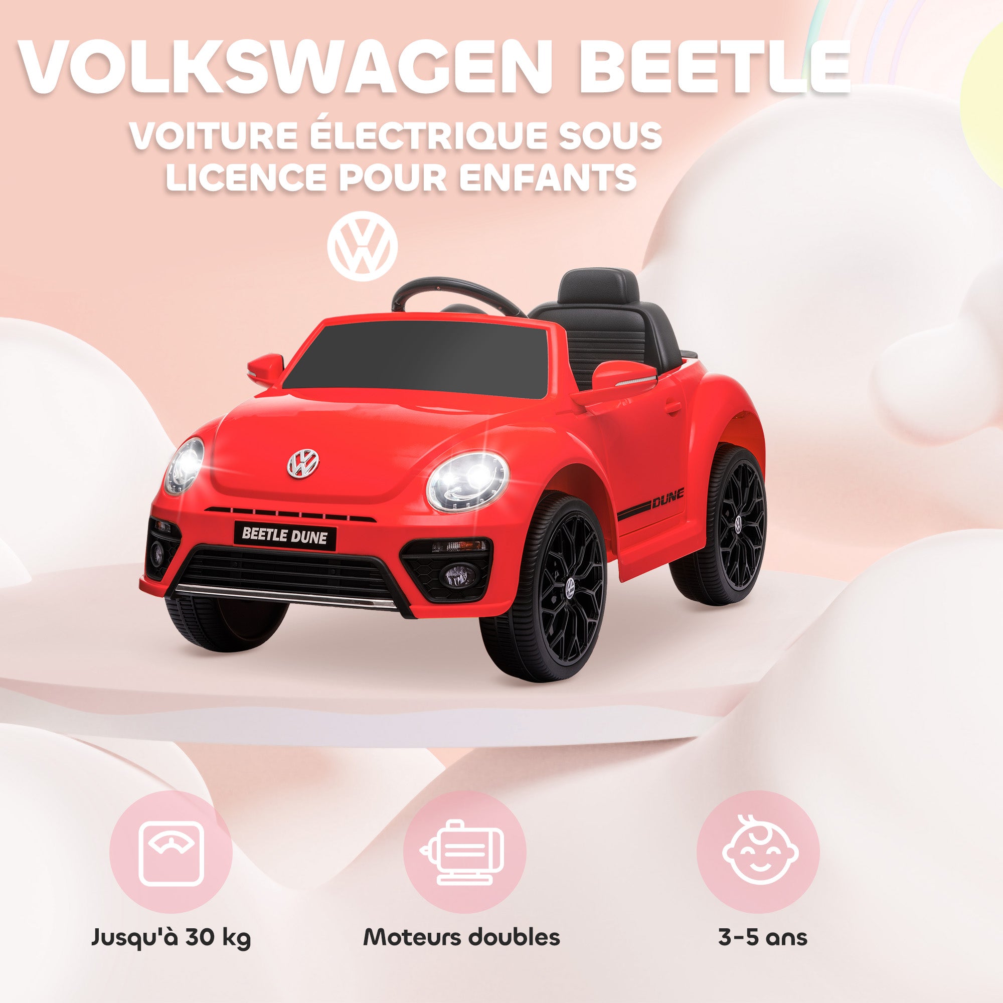 Volkswagen Beetle Licensed Electric Kids Car, 12V Electric Vehicle with 2.4G Remote Control, Spring Suspension, Headlights, Music, Horn, Kids Car for 3-5 Years Old, Red