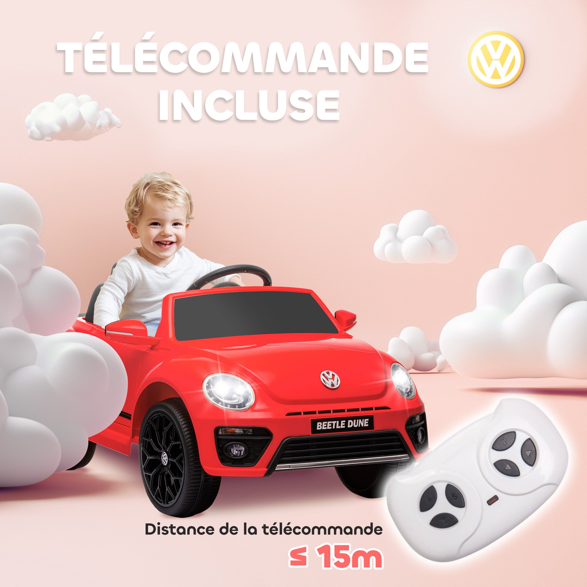 Volkswagen Beetle Licensed Electric Kids Car, 12V Electric Vehicle with 2.4G Remote Control, Spring Suspension, Headlights, Music, Horn, Kids Car for 3-5 Years Old, Red