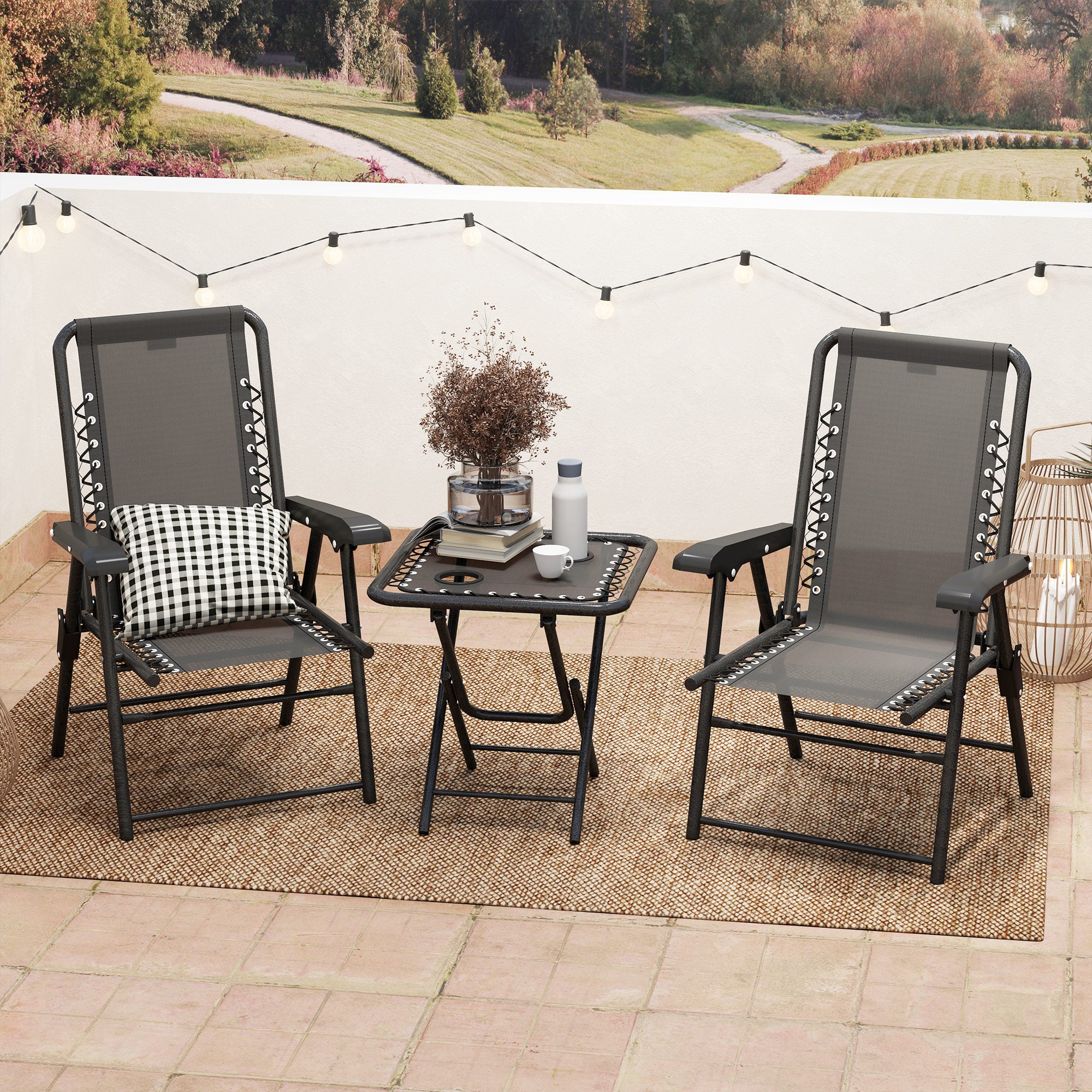 3-Piece Folding Bistro Set – Powder-Coated Steel, Black (2 Chairs + Table) with Cup Holders