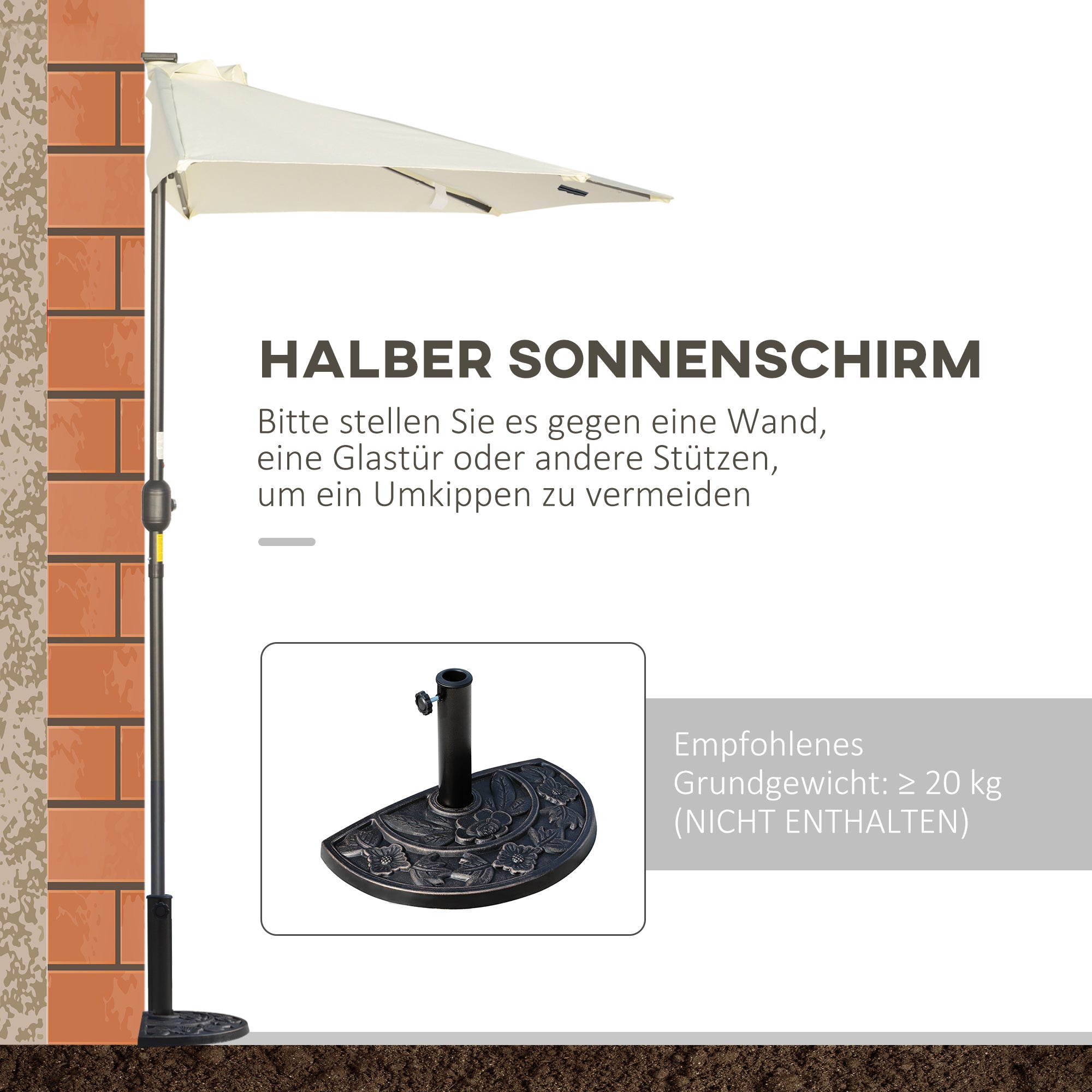 Umbrella, 270 x 240 cm Half Umbrella with LED Lights, Half Round Patio Umbrella with Hand Crank, Solar Panel, for Garden, Metal, Beige