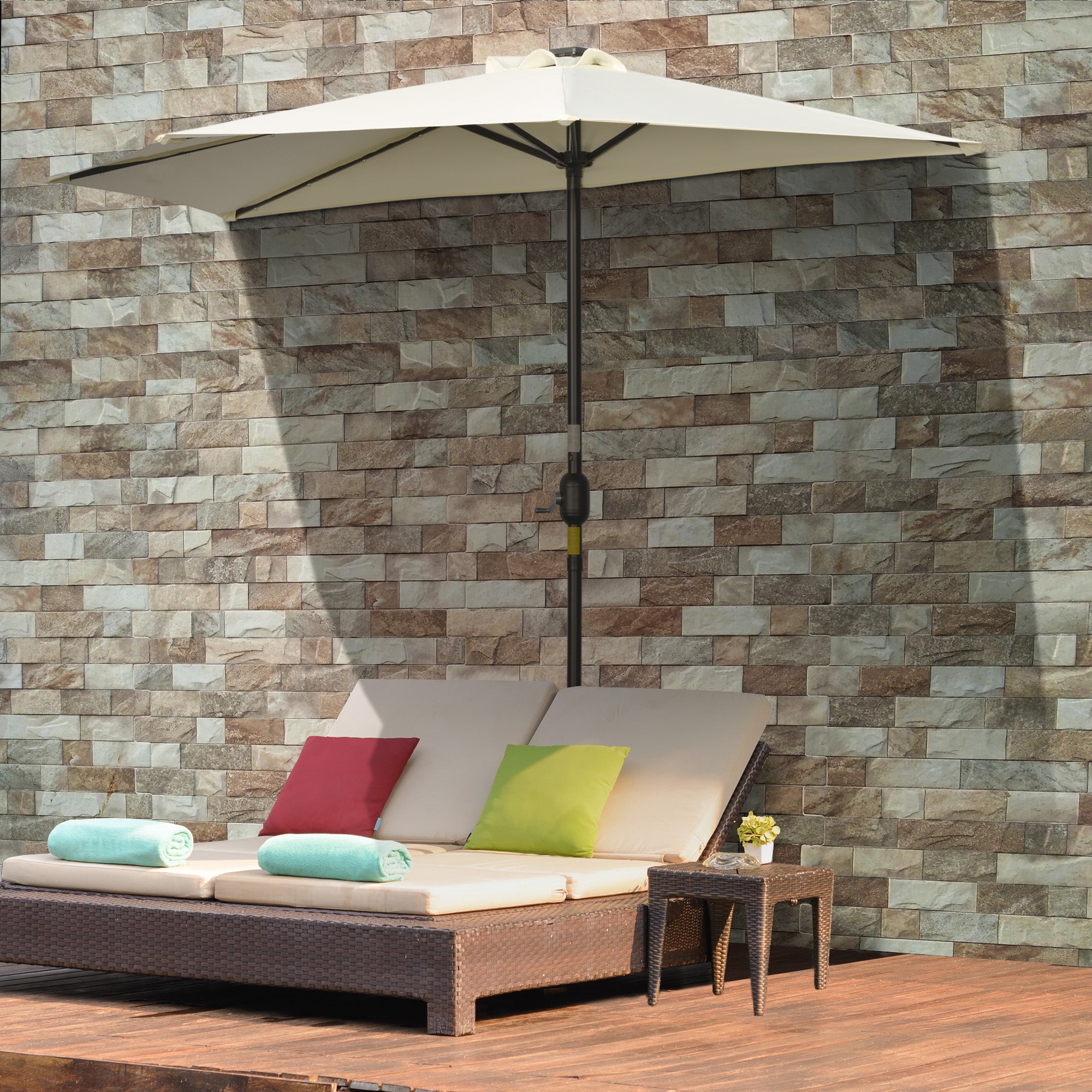 Umbrella, 270 x 240 cm Half Umbrella with LED Lights, Half Round Patio Umbrella with Hand Crank, Solar Panel, for Garden, Metal, Beige