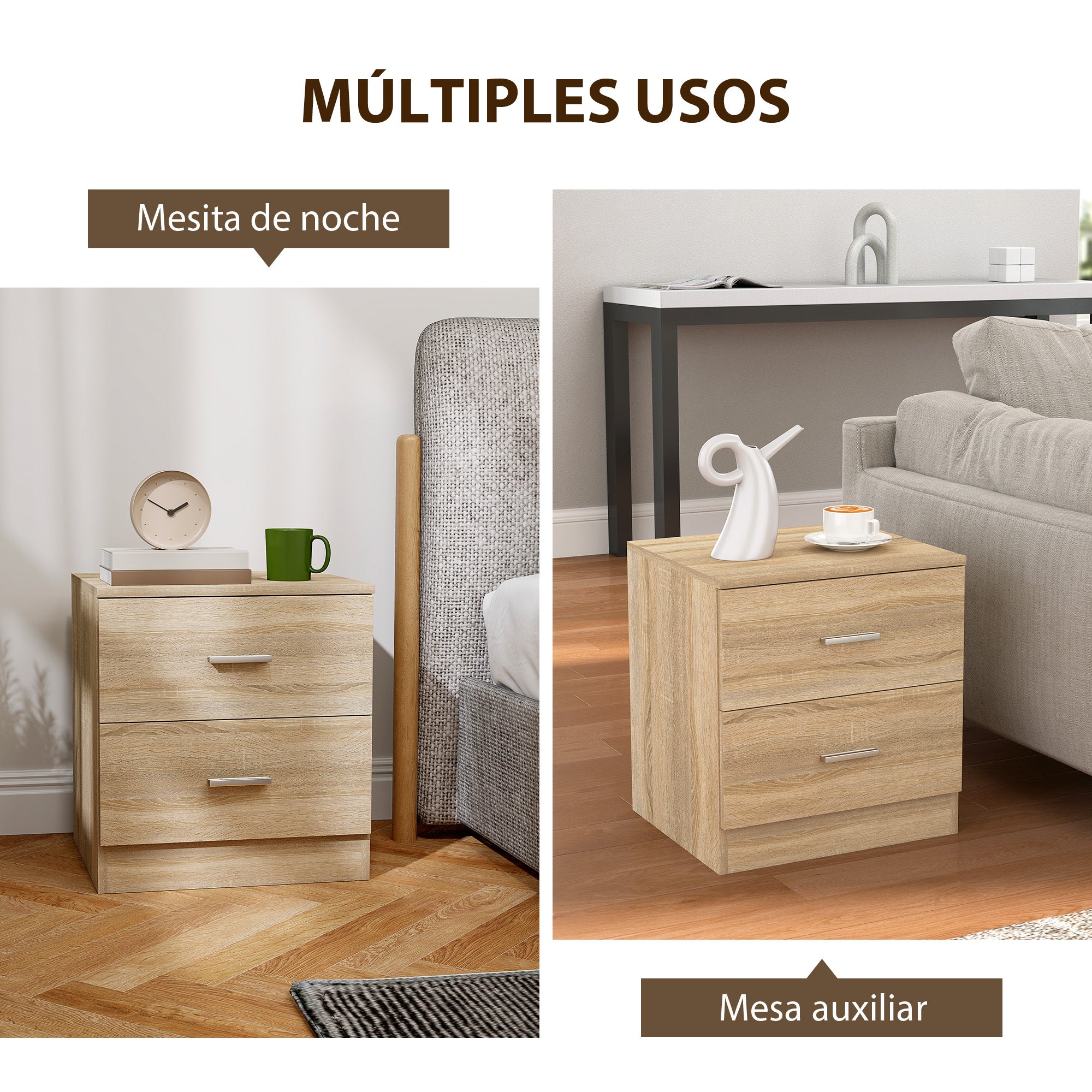 Modern Nightstand Bedside Table with 2 Drawers Side Table for Living Room Bedroom Load 30 kg 45x39.5x49 cm Natural