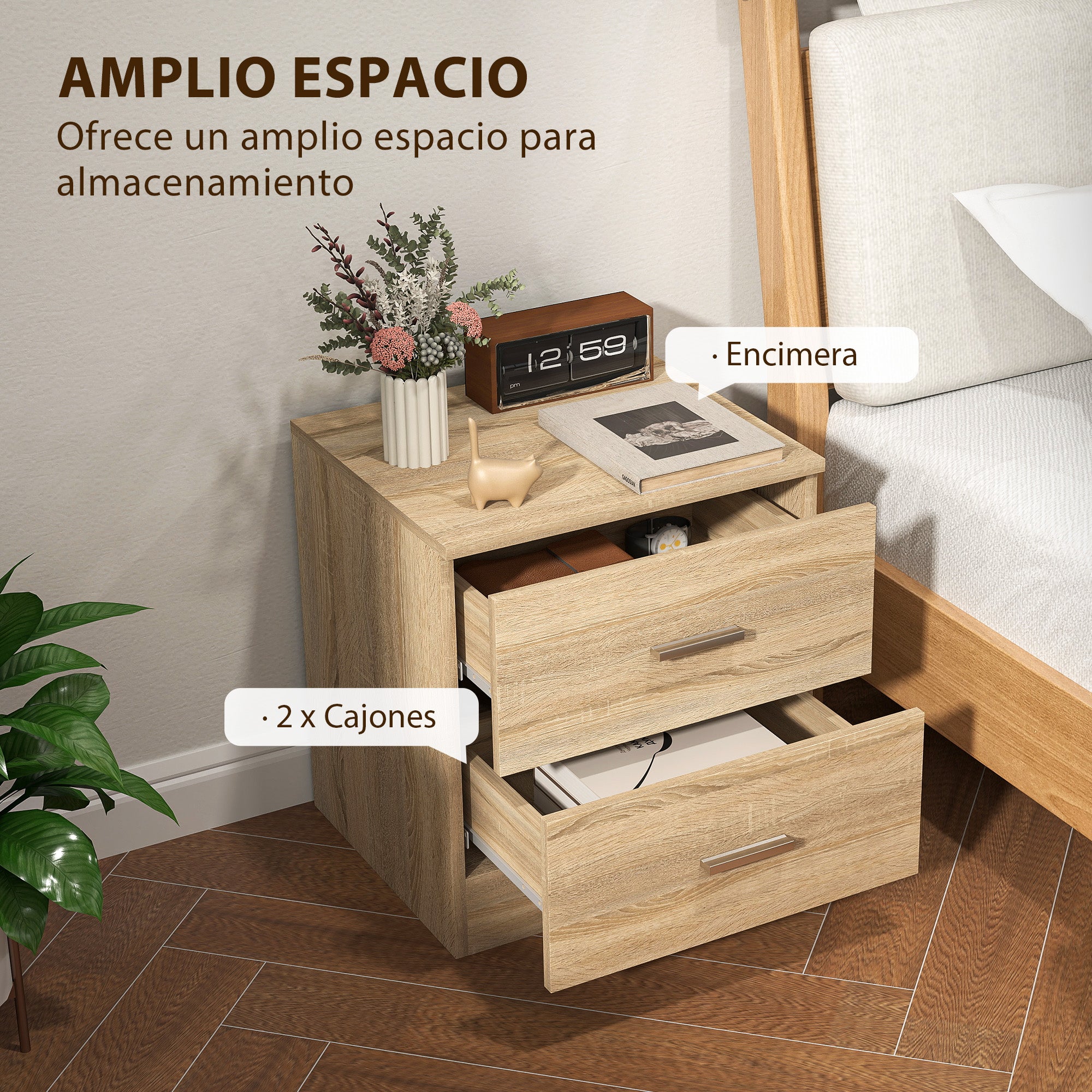 Modern Nightstand Bedside Table with 2 Drawers Side Table for Living Room Bedroom Load 30 kg 45x39.5x49 cm Natural