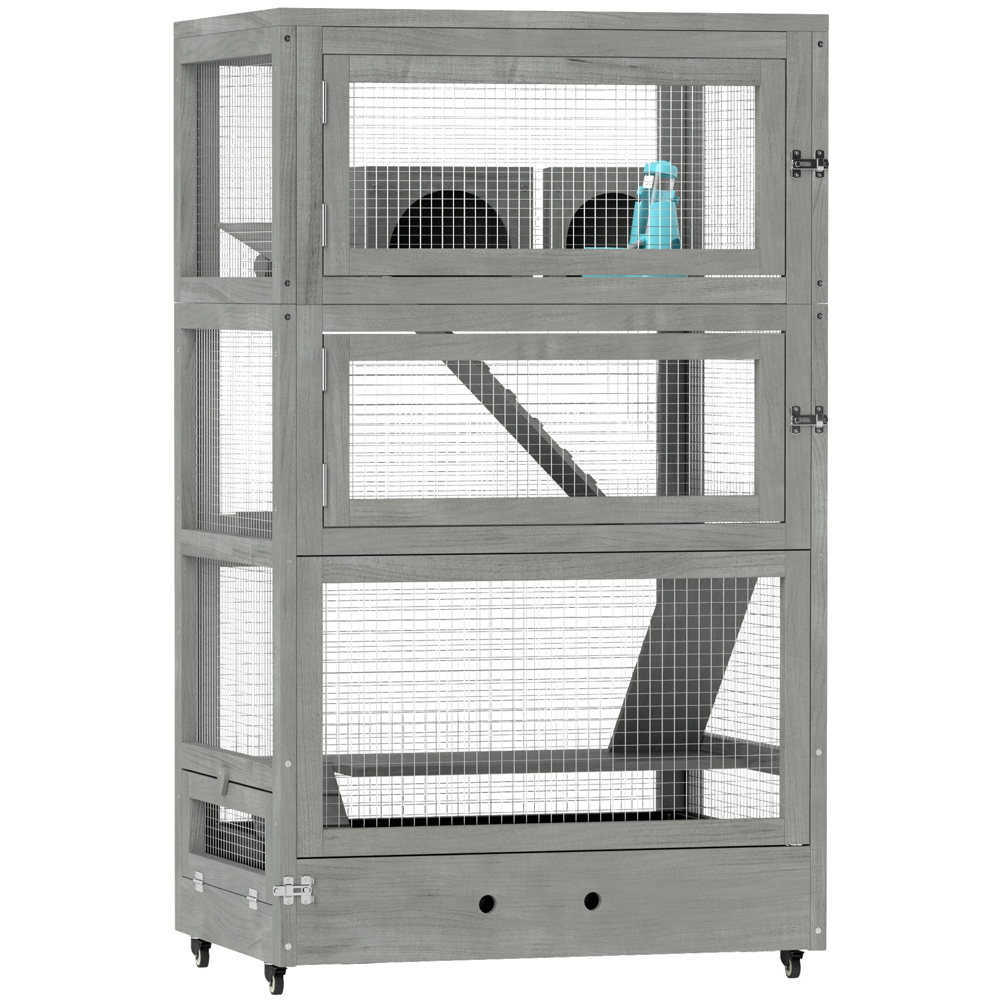 Hamster Cage Made of Wood, 65 x 45 x 109 cm Rodent Cage with Houses, Seesaw, Platform, Feeding Bowls, 4-Story Small Animal Cage with Lock, Ramps, Wheels, for Dwarf Hamsters Gray