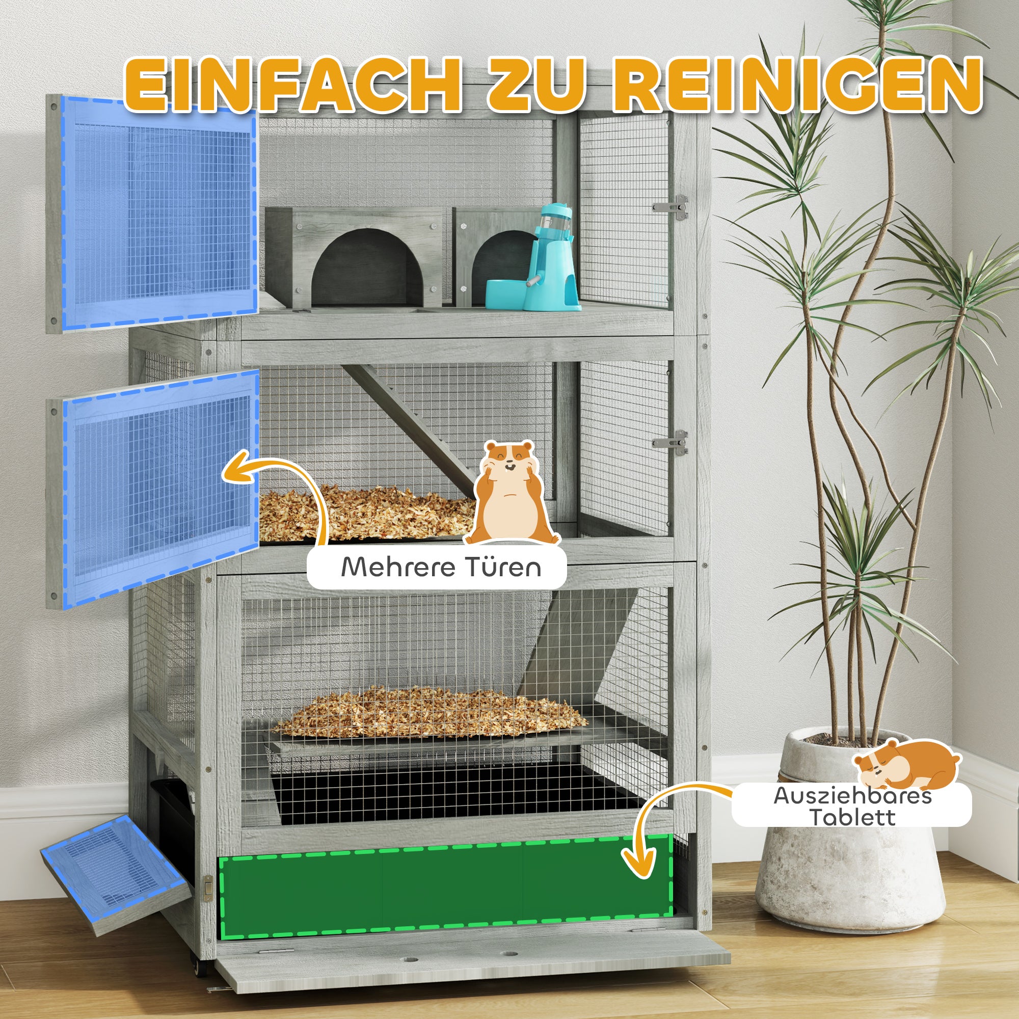 Hamster Cage Made of Wood, 65 x 45 x 109 cm Rodent Cage with Houses, Seesaw, Platform, Feeding Bowls, 4-Story Small Animal Cage with Lock, Ramps, Wheels, for Dwarf Hamsters Gray