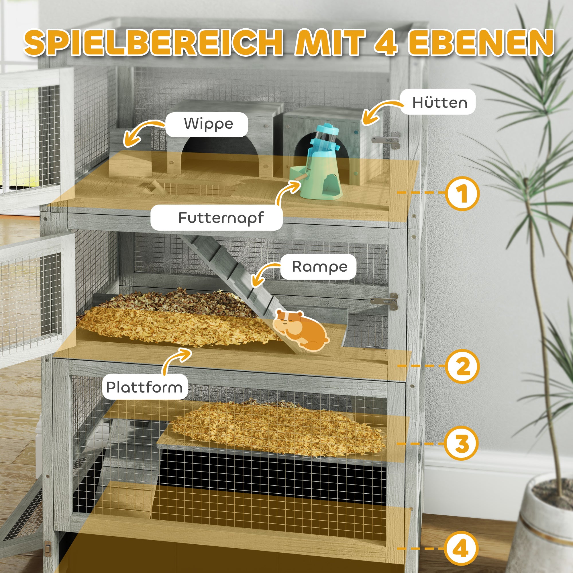 Hamster Cage Made of Wood, 65 x 45 x 109 cm Rodent Cage with Houses, Seesaw, Platform, Feeding Bowls, 4-Story Small Animal Cage with Lock, Ramps, Wheels, for Dwarf Hamsters Gray