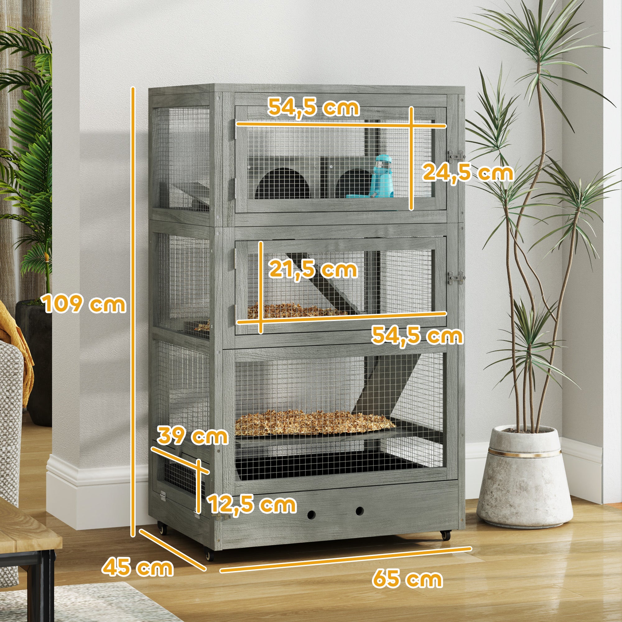 Hamster Cage Made of Wood, 65 x 45 x 109 cm Rodent Cage with Houses, Seesaw, Platform, Feeding Bowls, 4-Story Small Animal Cage with Lock, Ramps, Wheels, for Dwarf Hamsters Gray