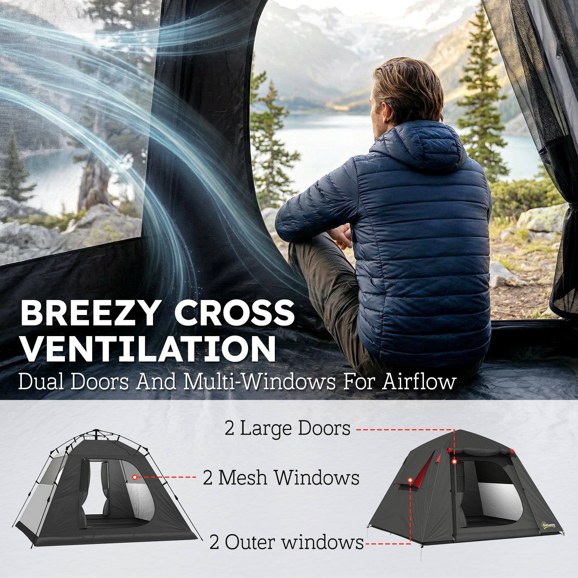 2-Person Camping Tent, 3000 mm Waterproof & Windproof Dome with 2 Doors, 2 Mesh Windows, 2 Side Windows, Carry Bag & Lantern Hook – Camping/Trekking/Travel