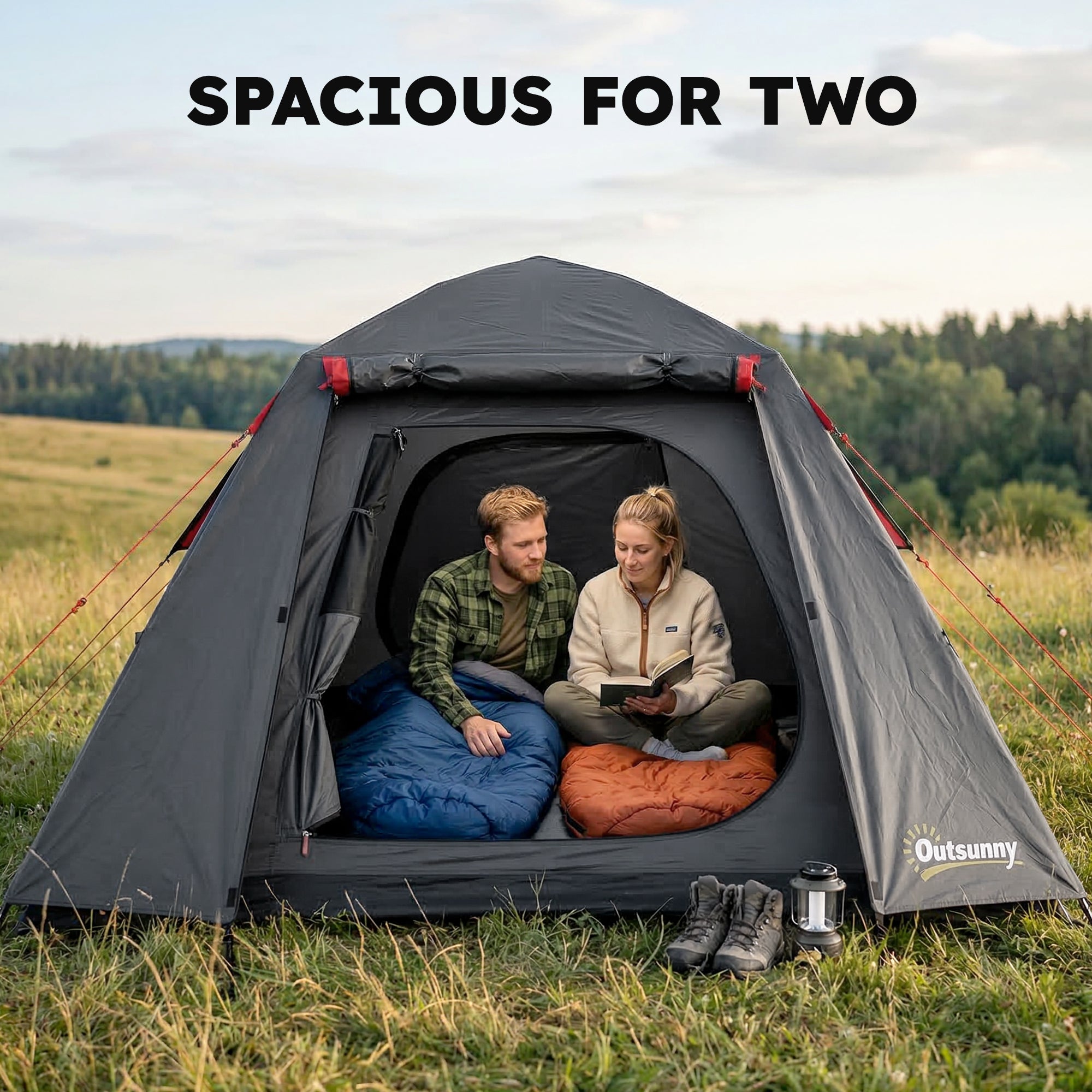 2-Person Camping Tent, 3000 mm Waterproof & Windproof Dome with 2 Doors, 2 Mesh Windows, 2 Side Windows, Carry Bag & Lantern Hook – Camping/Trekking/Travel
