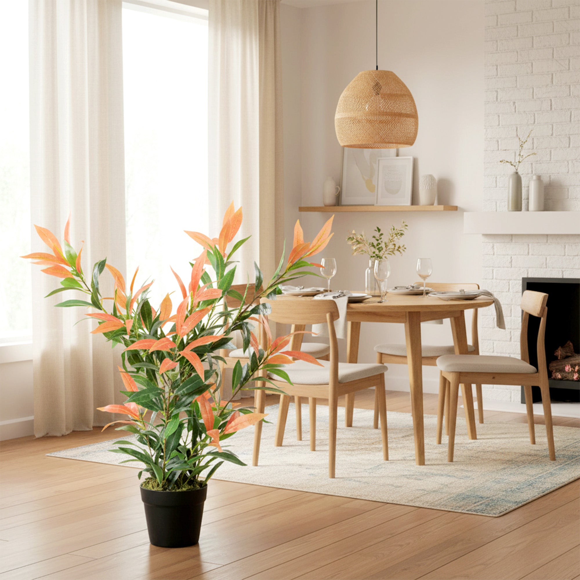 Artificial Photinia 35.4 in (90 cm), 300 Leaves, Realistic-Looking Plastic Plant with Adjustable Branches — Living Room, Bedroom, Office, Garden Décor