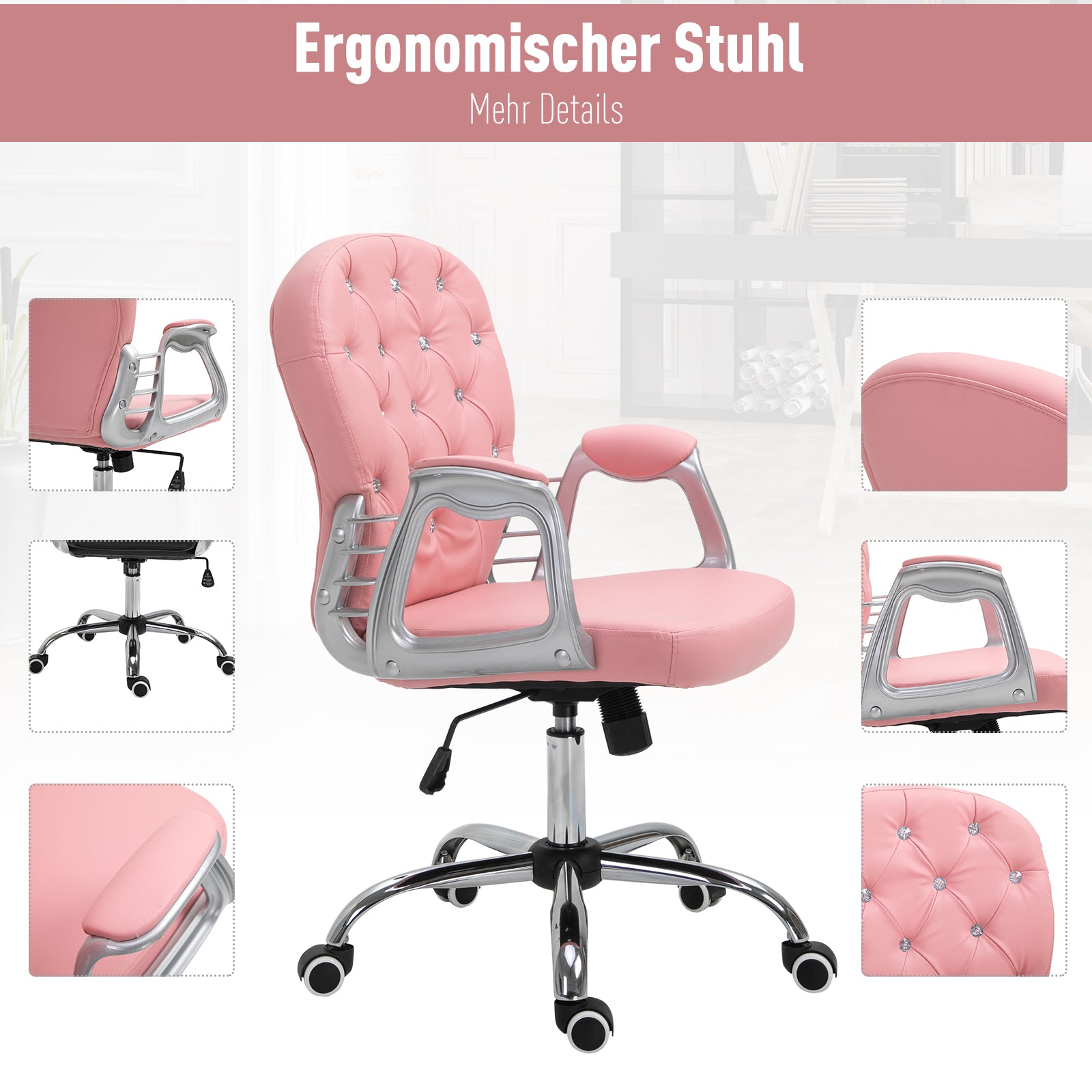 Office Chair, Ergonomic Desk Chair with Armrest, Padded Backrest, Height Adjustable Computer Chair with Faux Leather, Swivel Chair for Home Office, Pink