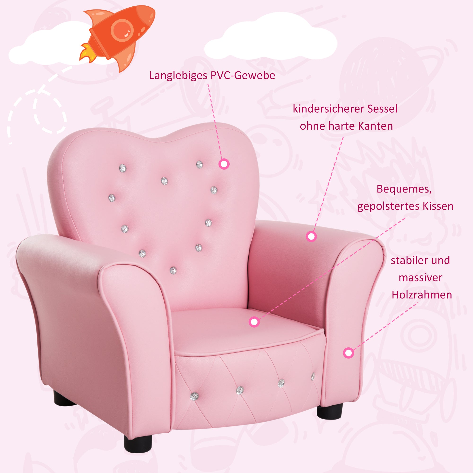 Kids Sofa Children's Armchair Princess Mini Sofa Kids Room Sofa Heart-shaped Pink L59 x W41.5 x H49 cm