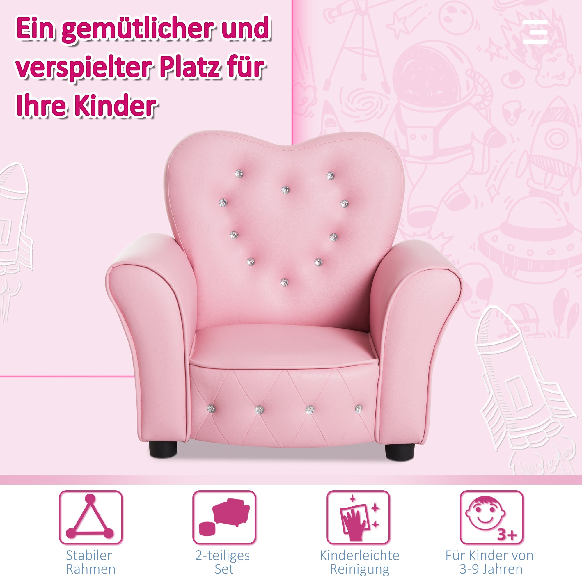 Kids Sofa Children's Armchair Princess Mini Sofa Kids Room Sofa Heart-shaped Pink L59 x W41.5 x H49 cm