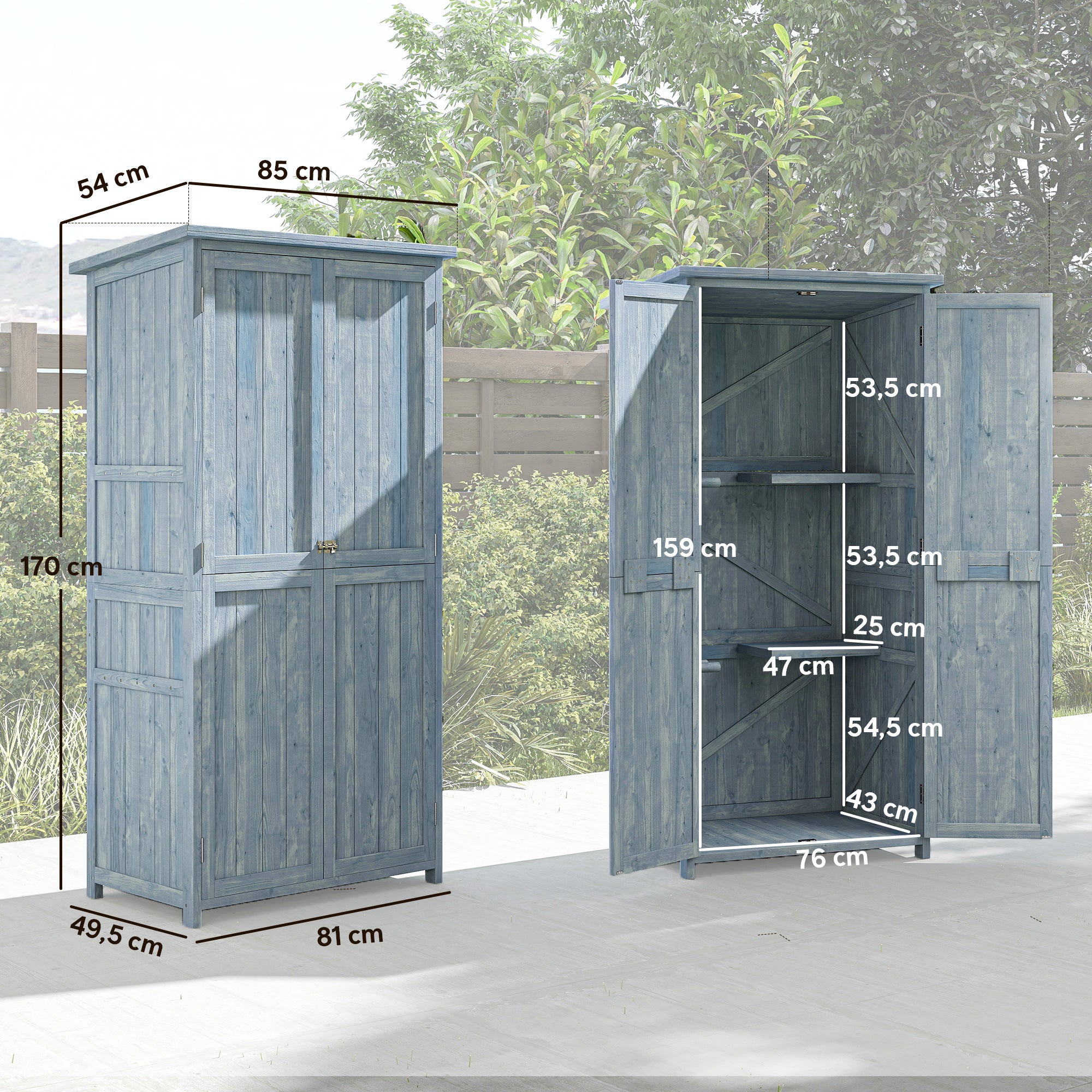 Pine Wood Outdoor Storage Cabinet with 2 Lockable Doors, 2 Shelves & 10 Hooks, Waterproof Asphalt Roof, for Balcony & Patio, 33.5 x 21.3 x 67 in, Gray