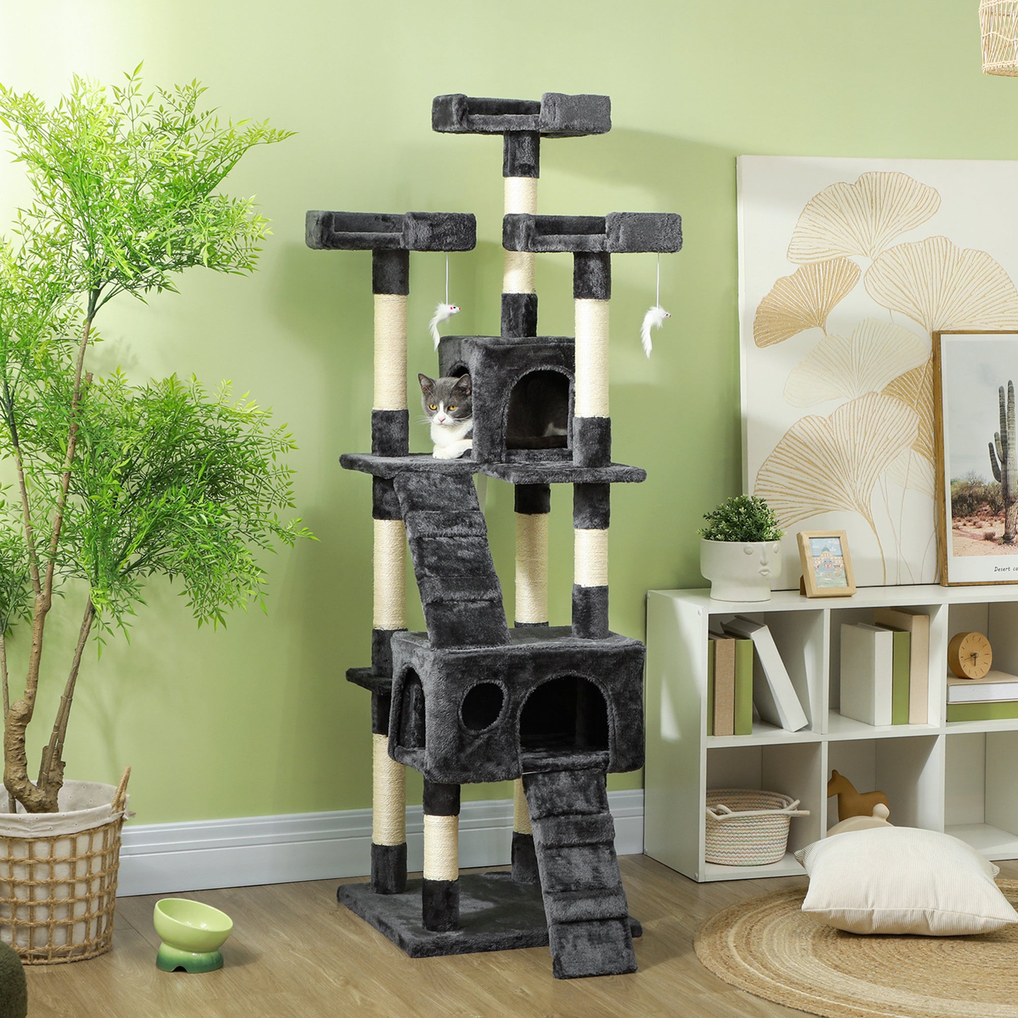 Cat Tree with Cat Cave, XXL Cat Scratching Post Climbing Tree for Cats Multi-Level Activity Center Plush Gray 49 x 49 x 173 cm