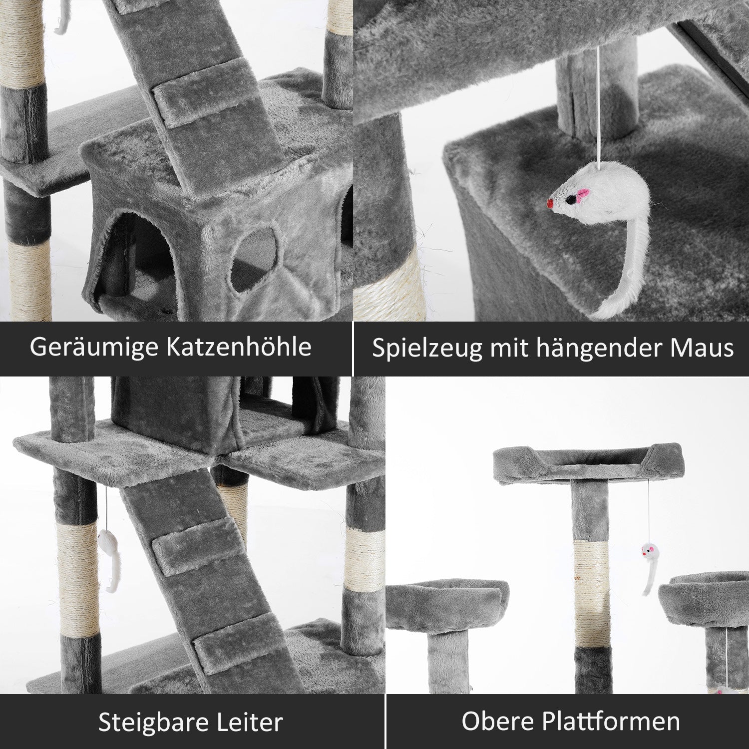 Cat Tree with Cat Cave, XXL Cat Scratching Post Climbing Tree for Cats Multi-Level Activity Center Plush Gray 49 x 49 x 173 cm