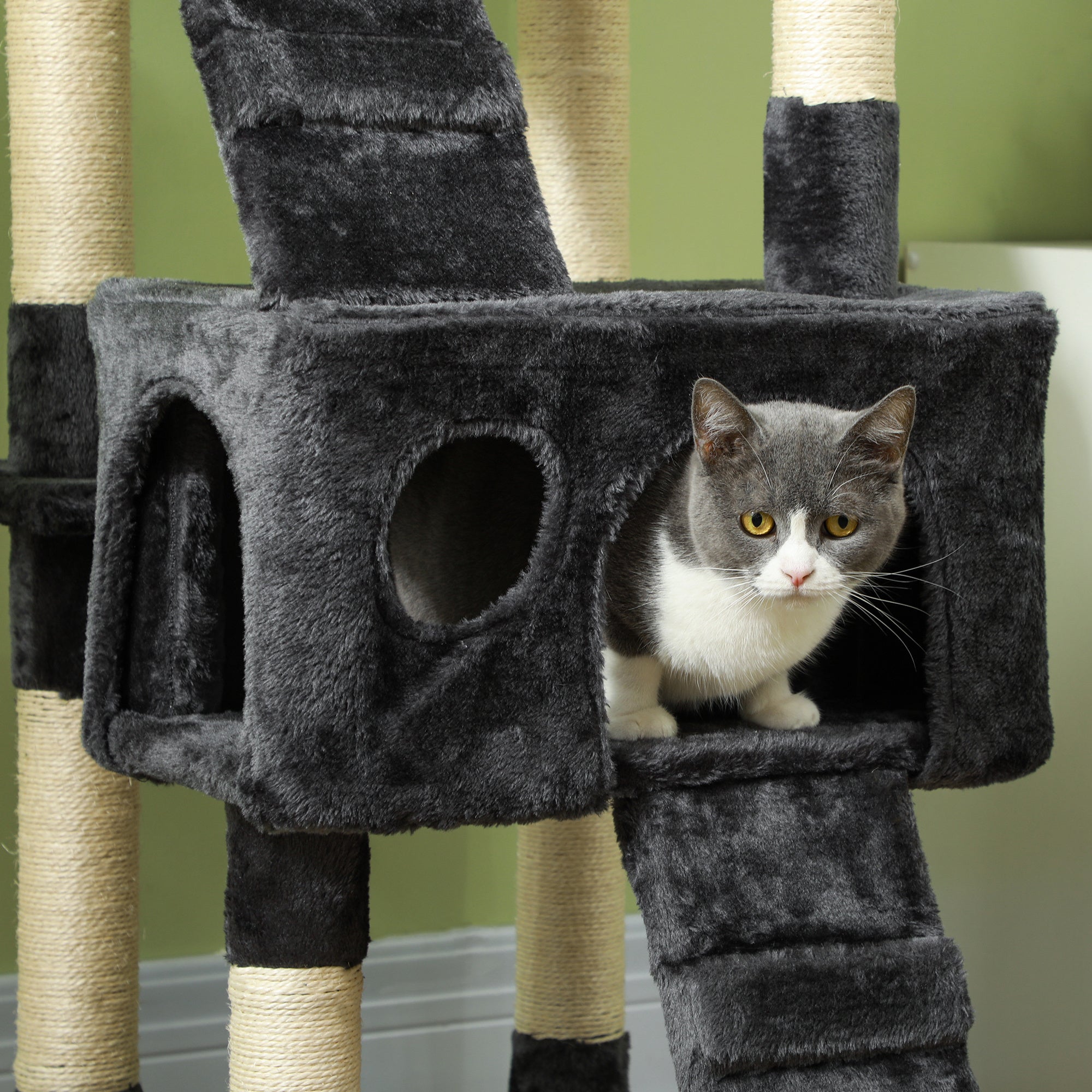 Cat Tree with Cat Cave, XXL Cat Scratching Post Climbing Tree for Cats Multi-Level Activity Center Plush Gray 49 x 49 x 173 cm