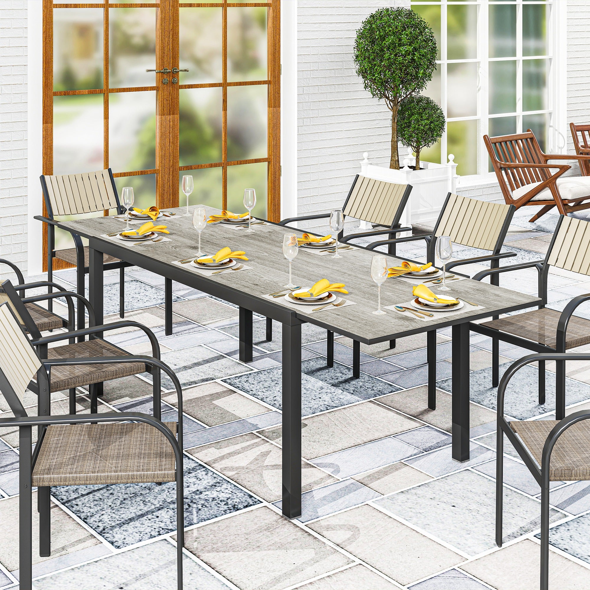 Extendable Garden Table Dining Table for 6-8 People, 160/240 x 90cm Aluminum Balcony Table with Wood Look Weatherproof Patio Table Outdoor Buffet Table for Garden, Terrace Balcony Grey
