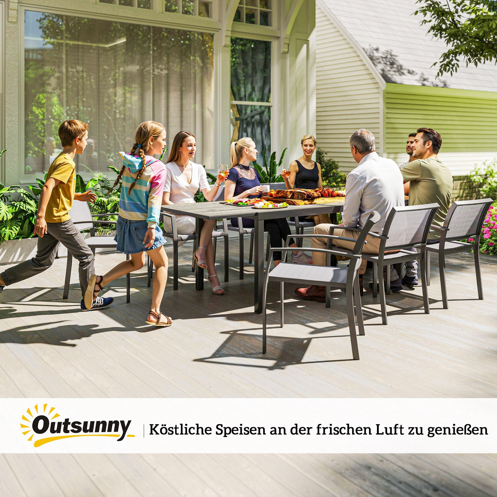 Extendable Garden Table Dining Table for 6-8 People, 160/240 x 90cm Aluminum Balcony Table with Wood Look Weatherproof Patio Table Outdoor Buffet Table for Garden, Terrace Balcony Grey