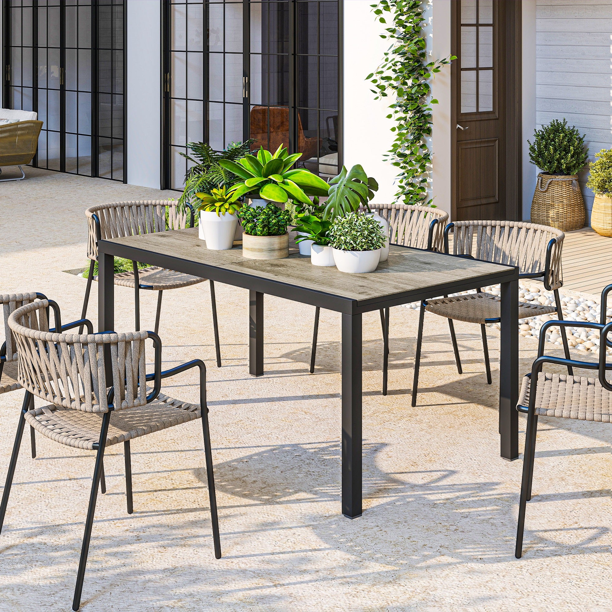 Extendable Garden Table Dining Table for 6-8 People, 160/240 x 90cm Aluminum Balcony Table with Wood Look Weatherproof Patio Table Outdoor Buffet Table for Garden, Terrace Balcony Grey