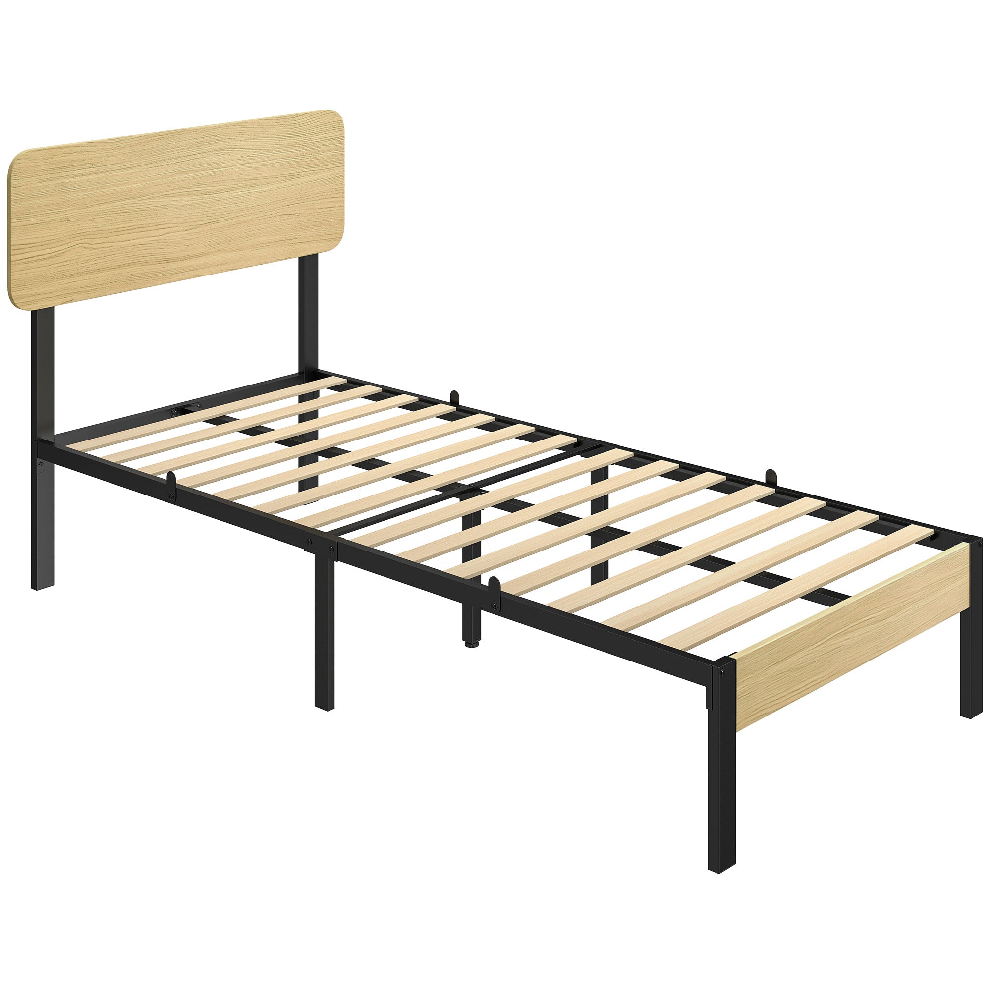 Bed Frame 35.4 x 78.7 in with Headboard & Footboard – Platform Bed with Under-Bed Storage, 14 Slats, Natural Wood Finish