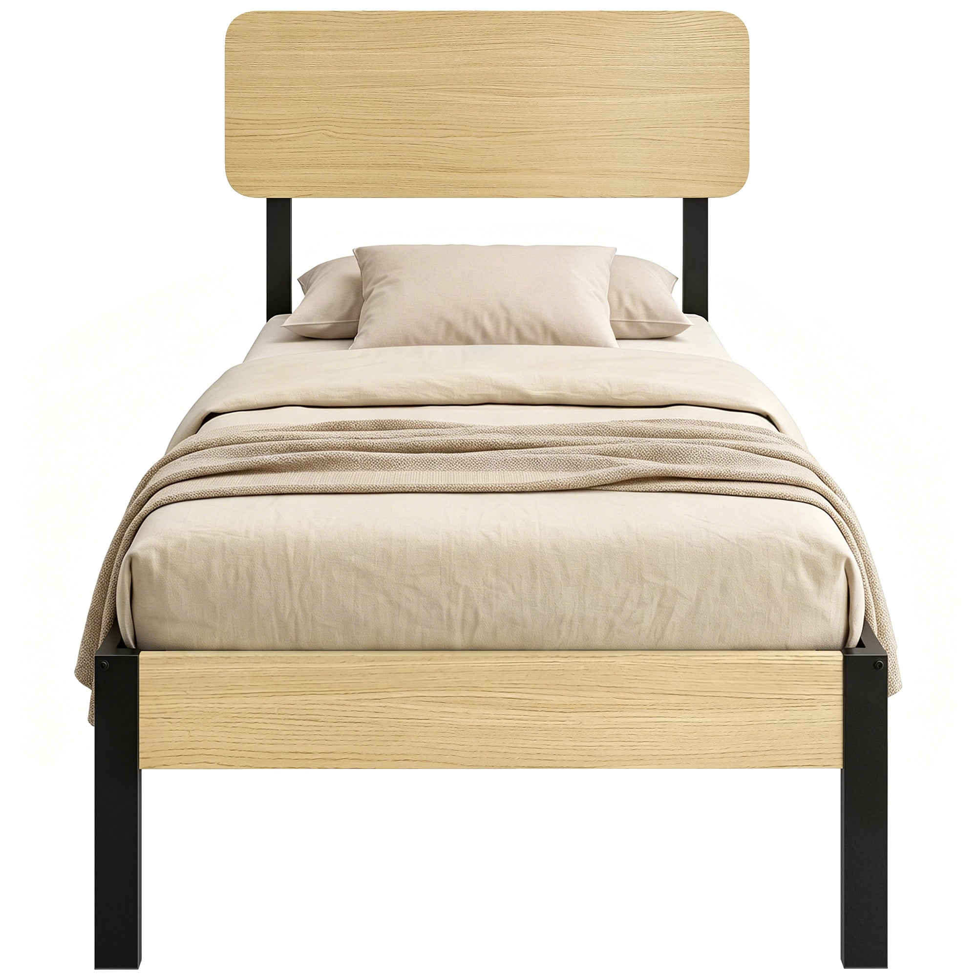 Bed Frame 35.4 x 78.7 in with Headboard & Footboard – Platform Bed with Under-Bed Storage, 14 Slats, Natural Wood Finish