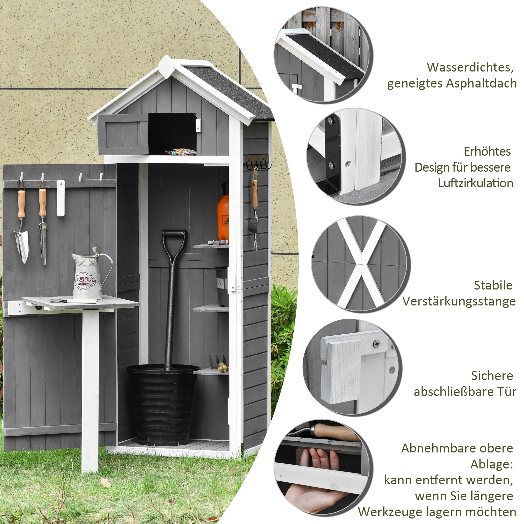 Wooden Garden Cabinet, Weatherproof Tool Shed 78x52.5x182cm, Outdoor Storage House with Door, Gable Roof, Tool Cabinet with Hooks, Foldable Table, Tool Shed for Garden, Terrace, Grey