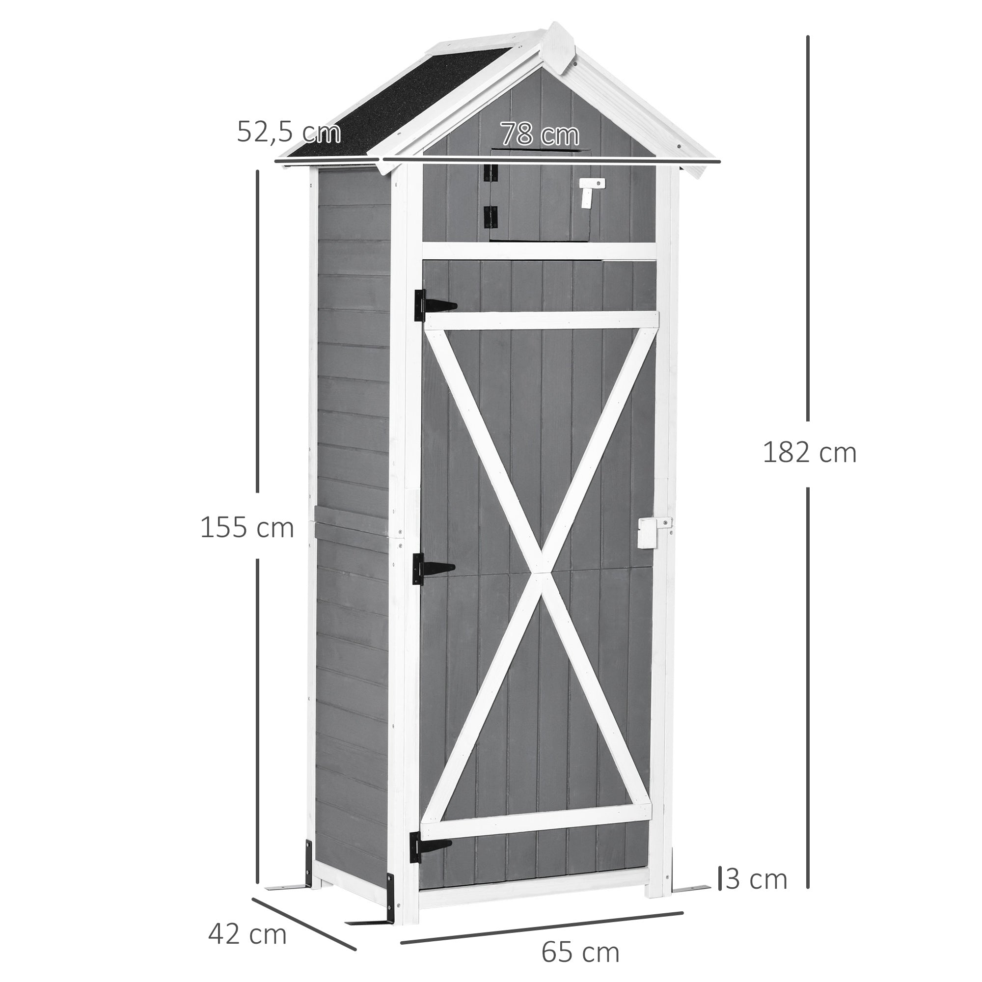 Wooden Garden Cabinet, Weatherproof Tool Shed 78x52.5x182cm, Outdoor Storage House with Door, Gable Roof, Tool Cabinet with Hooks, Foldable Table, Tool Shed for Garden, Terrace, Grey