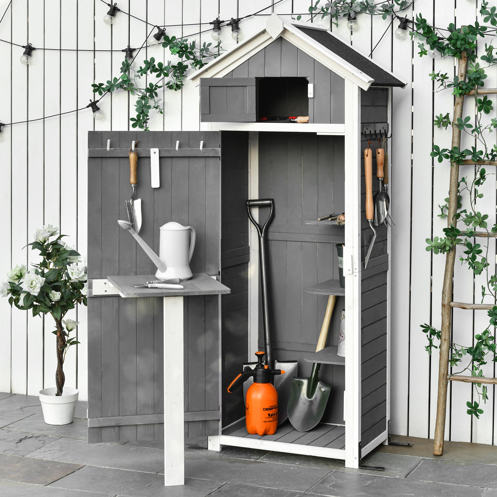 Wooden Garden Cabinet, Weatherproof Tool Shed 78x52.5x182cm, Outdoor Storage House with Door, Gable Roof, Tool Cabinet with Hooks, Foldable Table, Tool Shed for Garden, Terrace, Grey