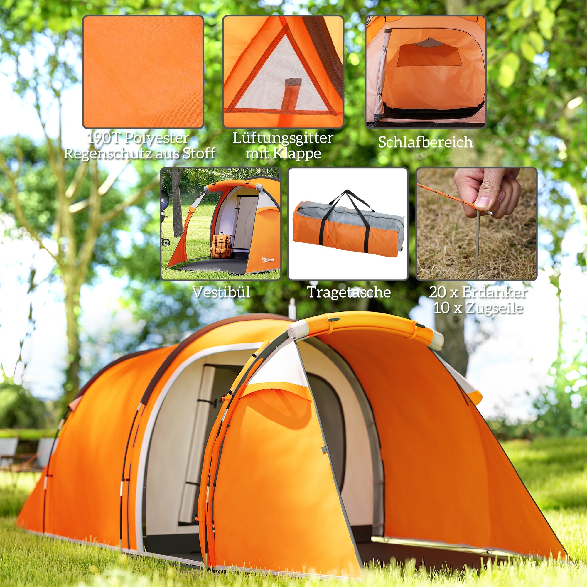 Tunnel Tent for 2–3 People, Camping Tent with Vestibule & Lantern Hook, 2000 mm Waterproof, Family/Group Tent for Travel, Trekking, Garden – Orange