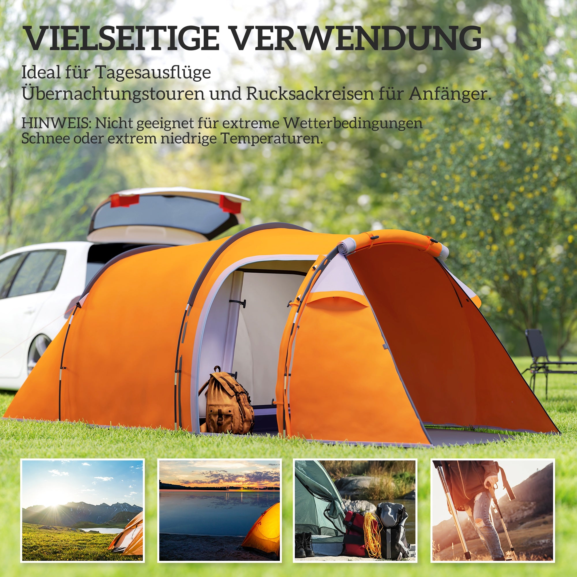 Tunnel Tent for 2–3 People, Camping Tent with Vestibule & Lantern Hook, 2000 mm Waterproof, Family/Group Tent for Travel, Trekking, Garden – Orange