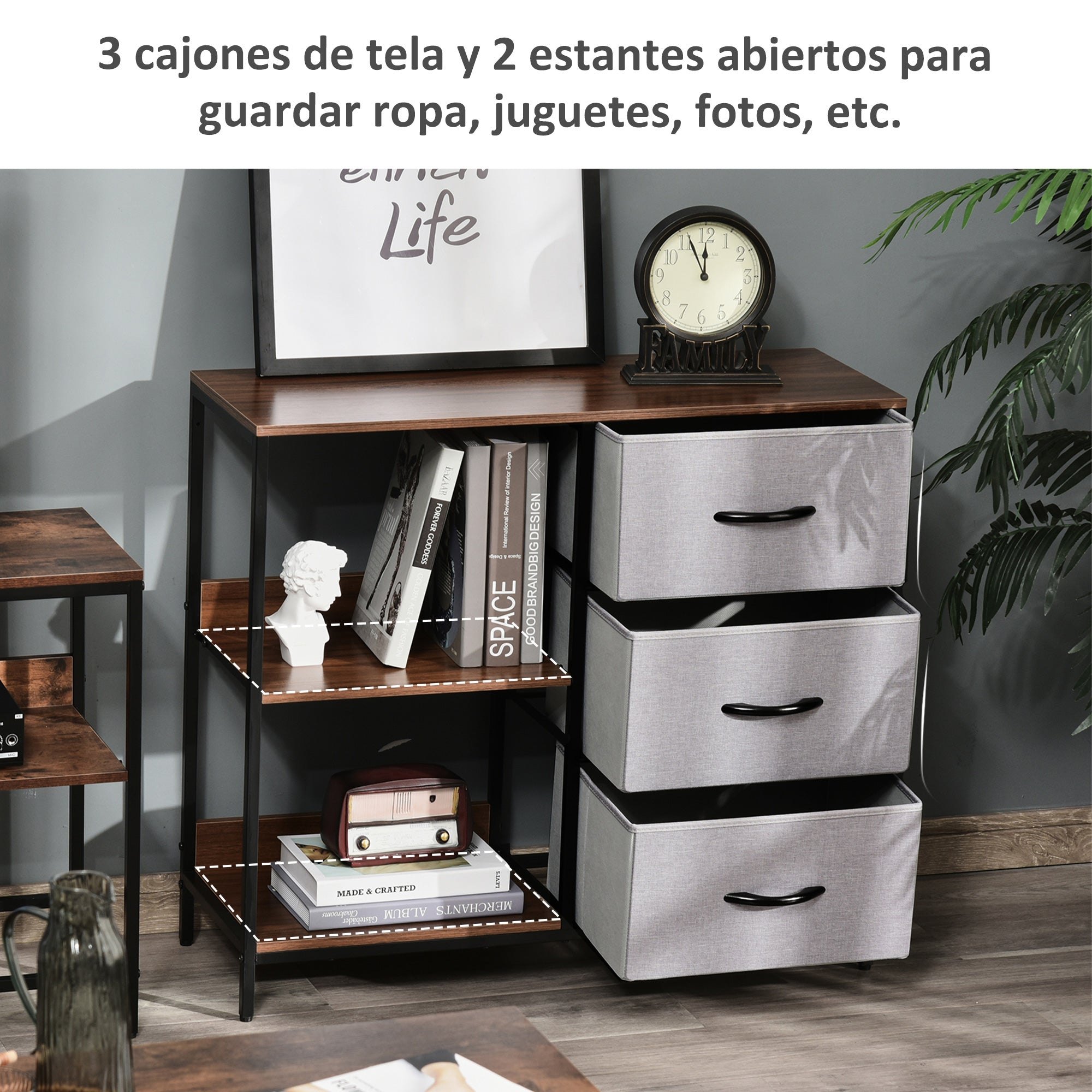Fabric Dresser with 3 Foldable Drawers and 2 Shelves Industrial Style for Bedroom Living Room Hallway 31.5x11.4x28 inches Walnut and Light Gray