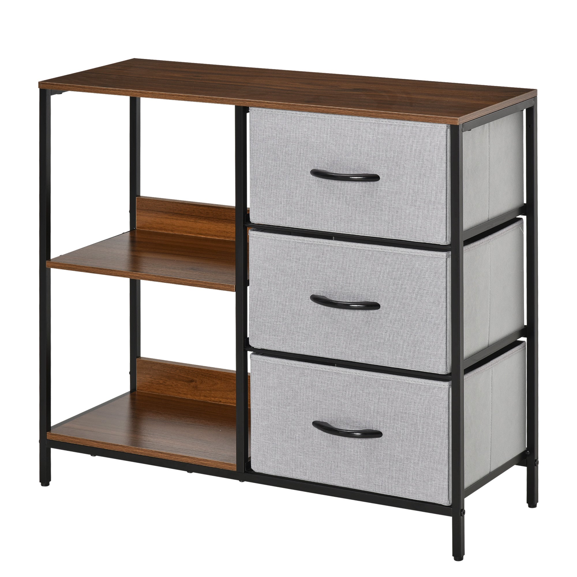 Fabric Dresser with 3 Foldable Drawers and 2 Shelves Industrial Style for Bedroom Living Room Hallway 31.5x11.4x28 inches Walnut and Light Gray