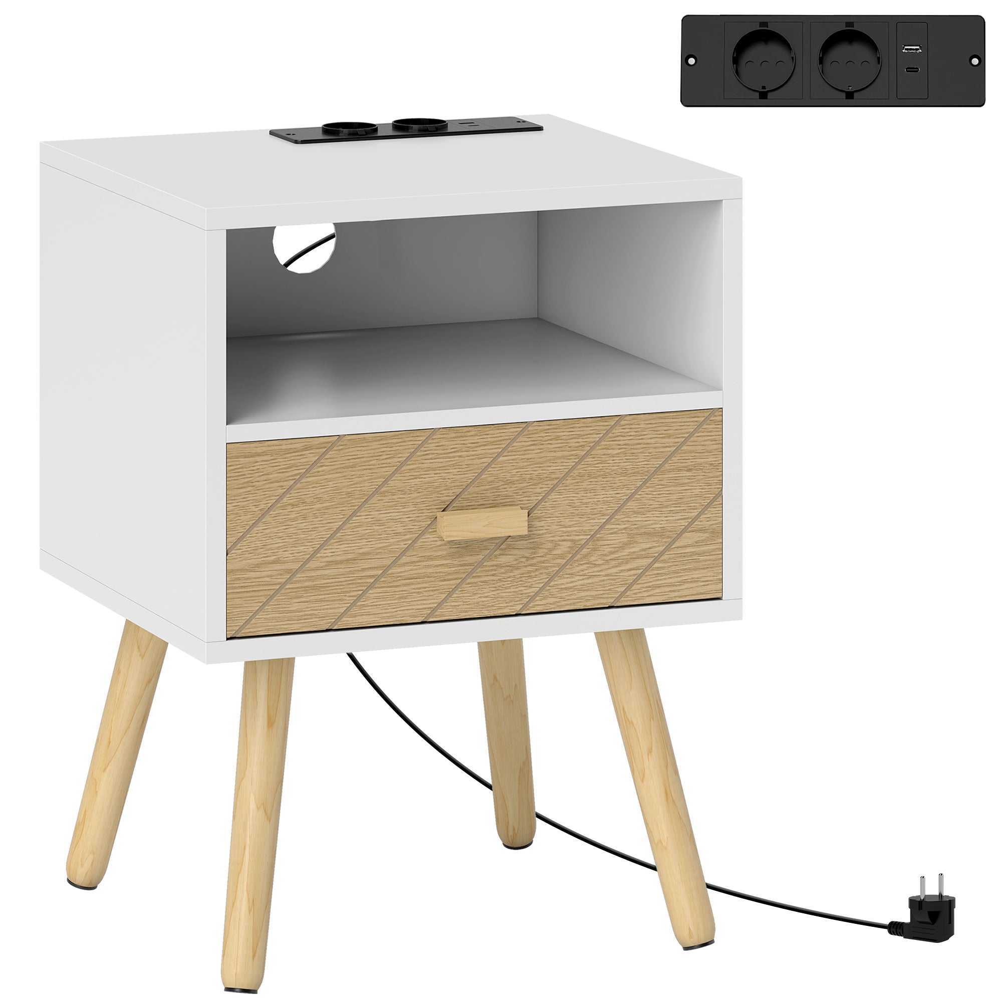 Nightstand with Charging Station, Drawer, 2 AC Outlets, USB & USB-C, Open Shelf, Pine Legs, White