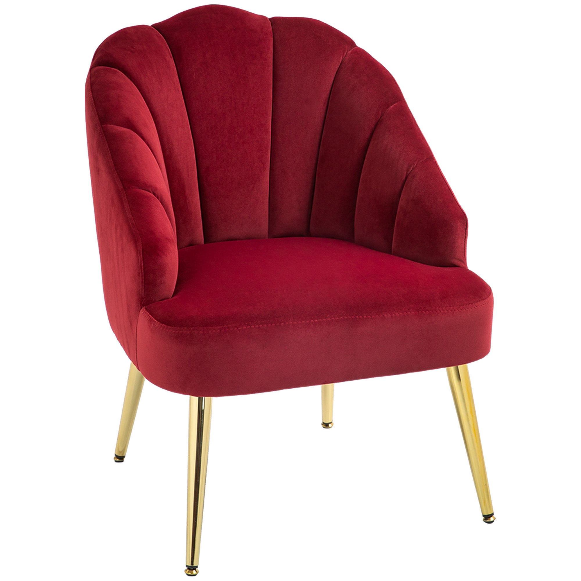 Upholstered Shell Back Armchair, Velvet Accent Chair with Golden Legs for Bedroom and Living Room, Red
