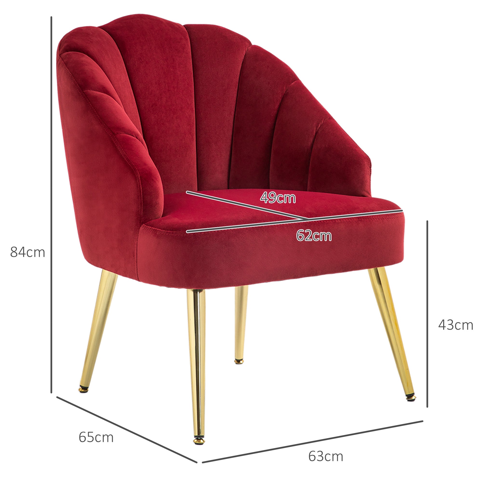 Upholstered Shell Back Armchair, Velvet Accent Chair with Golden Legs for Bedroom and Living Room, Red