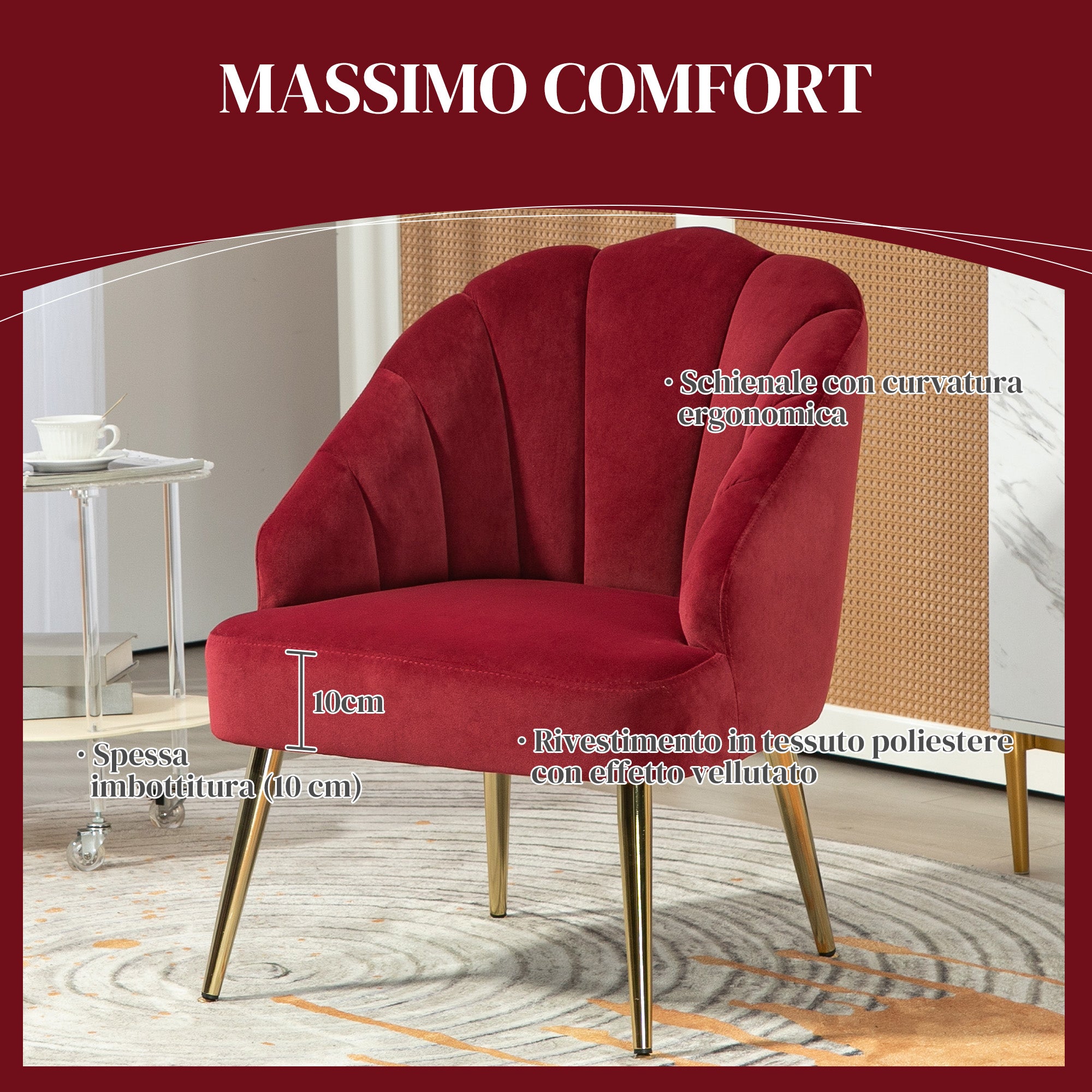 Upholstered Shell Back Armchair, Velvet Accent Chair with Golden Legs for Bedroom and Living Room, Red